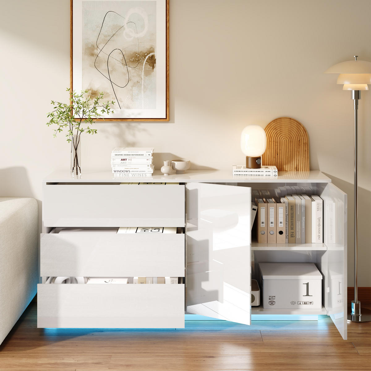 SIDEBOARD WEISS Hochglanz mit LED-Beleuchtung, 3 Schubladen & 2 Türen - Weiß, Holzwerkstoff (35/76/160cm) - SHOPENTRA