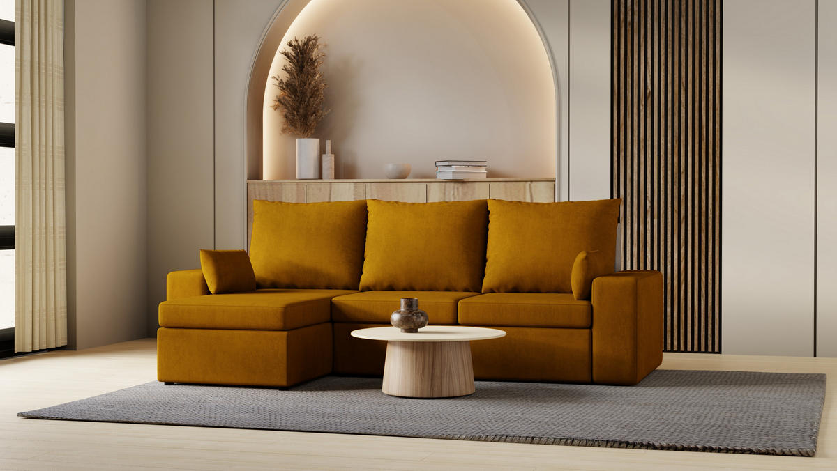 ECKSOFA Paco mit Bettkasten und Schlaffunktion, L-Form/XL-Form, Velourstoff, Universal - Currygelb, Holzwerkstoff (246/145cm) - 4ALL HOME