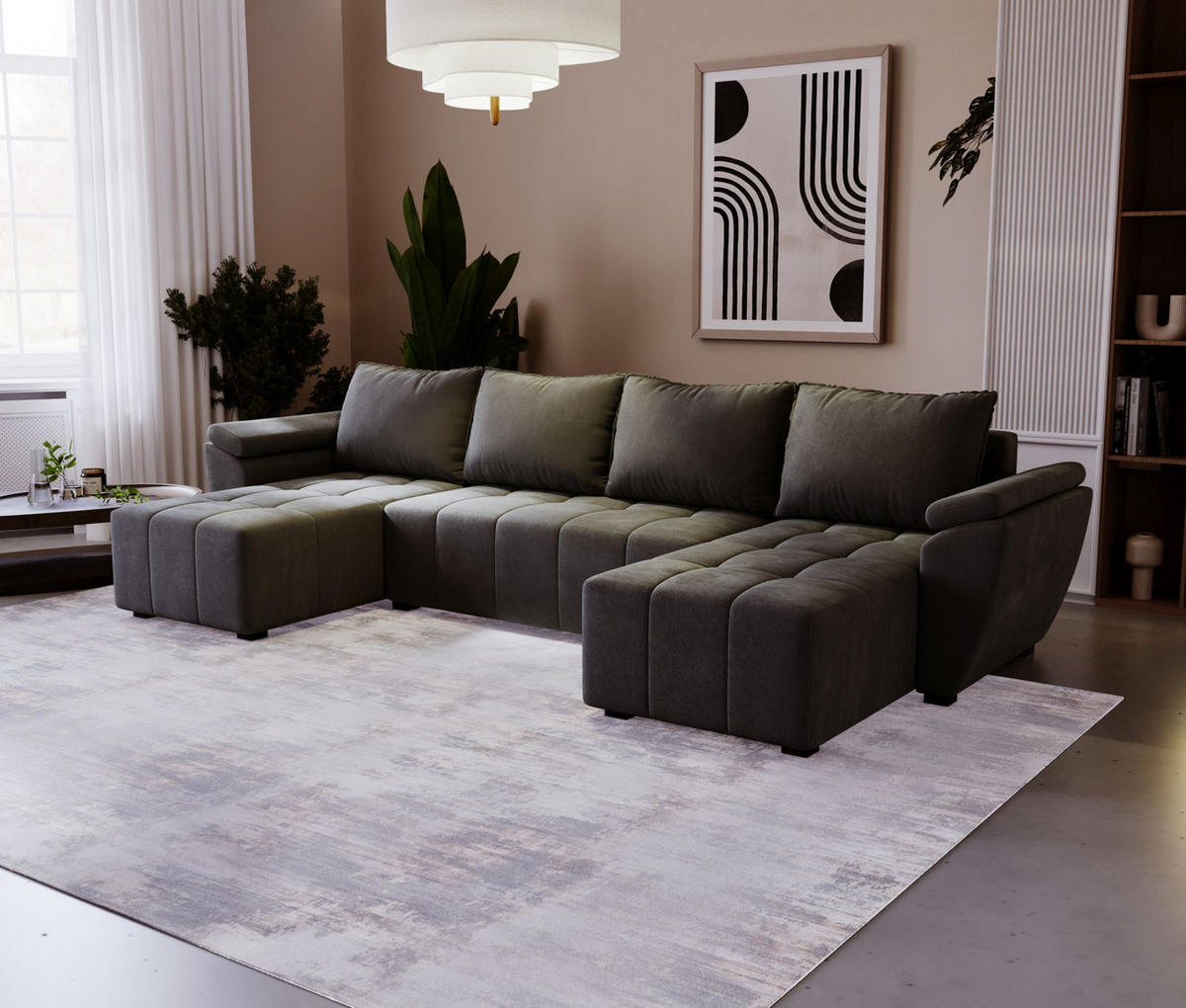 ECKSOFA ZEUS U Monolith 92 mit Schlaffunktion - Dunkelgrau, Textil (305/88/140cm) - Bedante