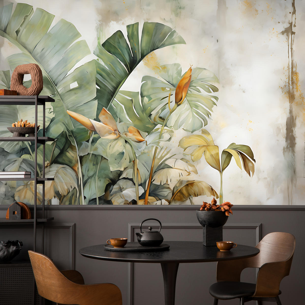 FOTOTAPETE für Wohnzimmer Exotische Blätter Abstrakt Pastell 300x210 - Gelb/Beige, Papier (300/210cm) - Muralo