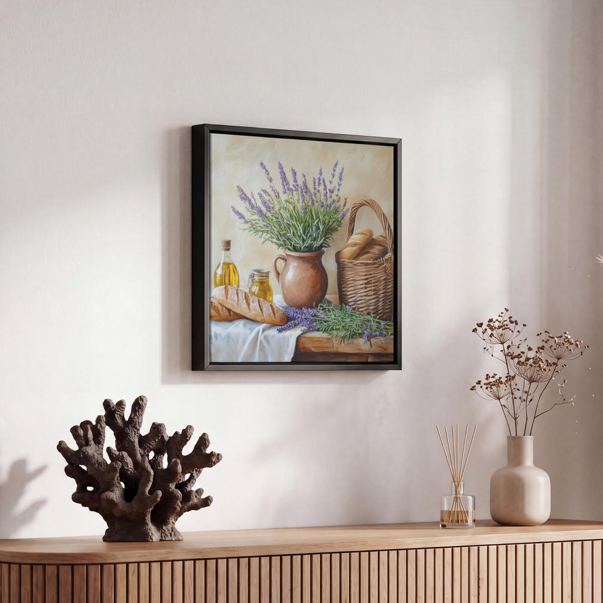LEINWAND Bilder mit Rahmen - Lavendel - Brot - Stilleben - 20x20 - Flieder, Textil (20/20cm) - MuchoWow