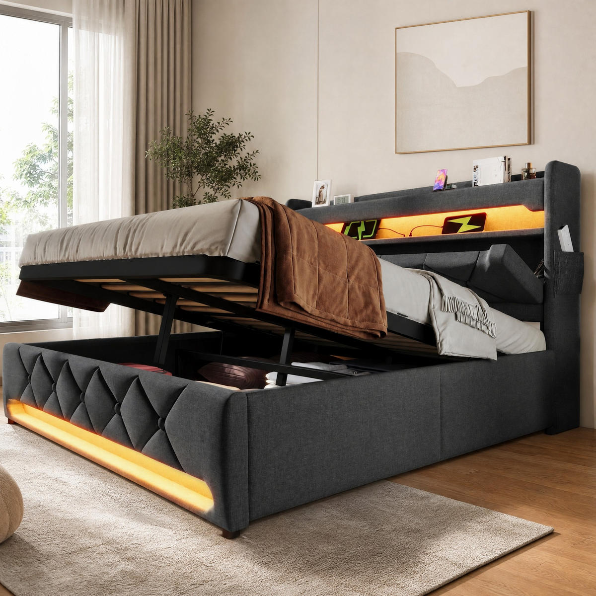 POLSTERBETT 180/200 mit Bettkasten, LED, USB/Type-C und Stauraum-Kopfteil in Grau - Grau, Holzwerkstoff/Textil (180/200cm) - EVRYAE