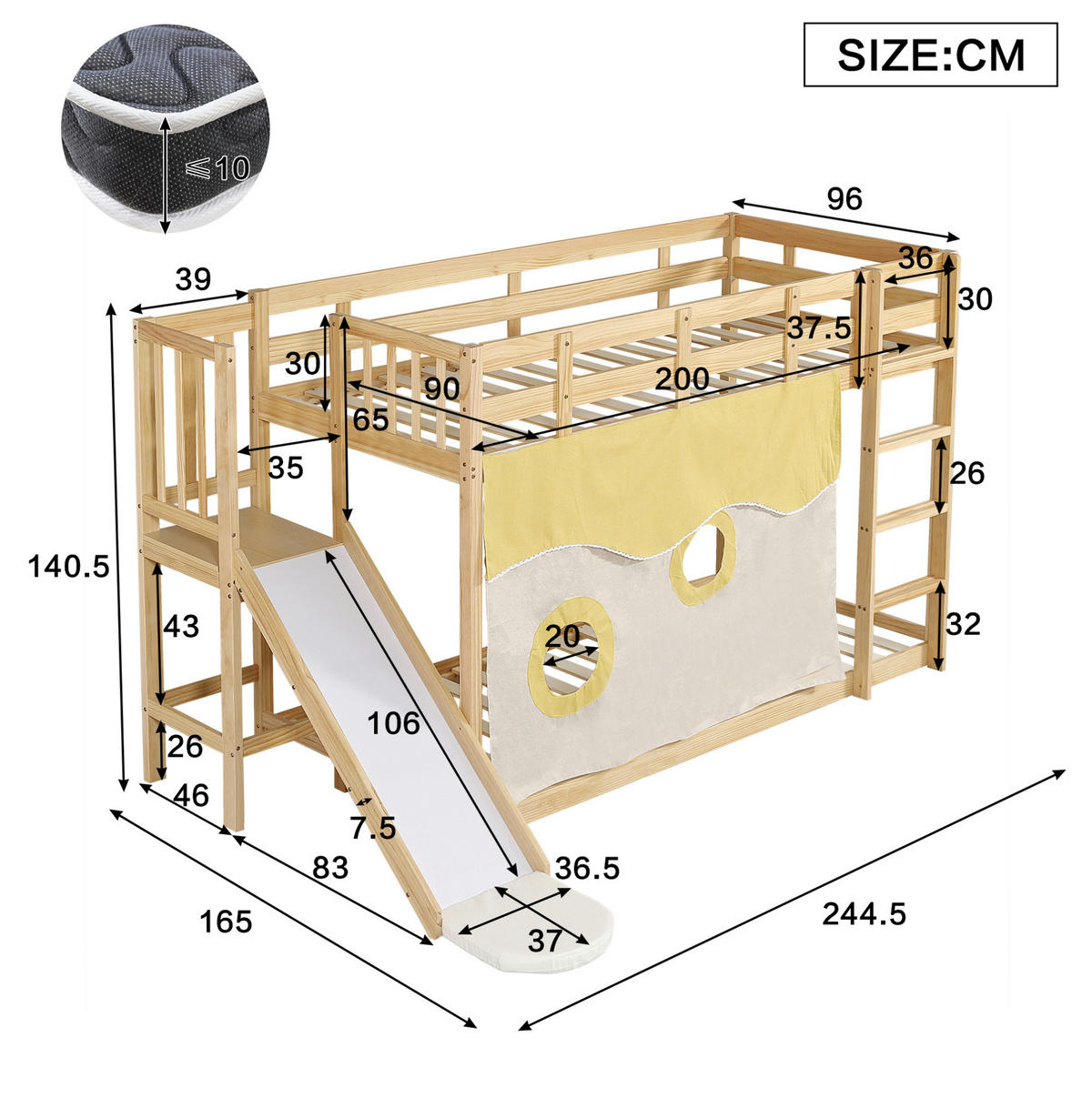 ETAGENBETT 90/200 cm aus Holz mit Treppe, Rutsche, Vorhang und Fallschutz, Natur - Naturfarben, Holz (90/200cm) - Redom