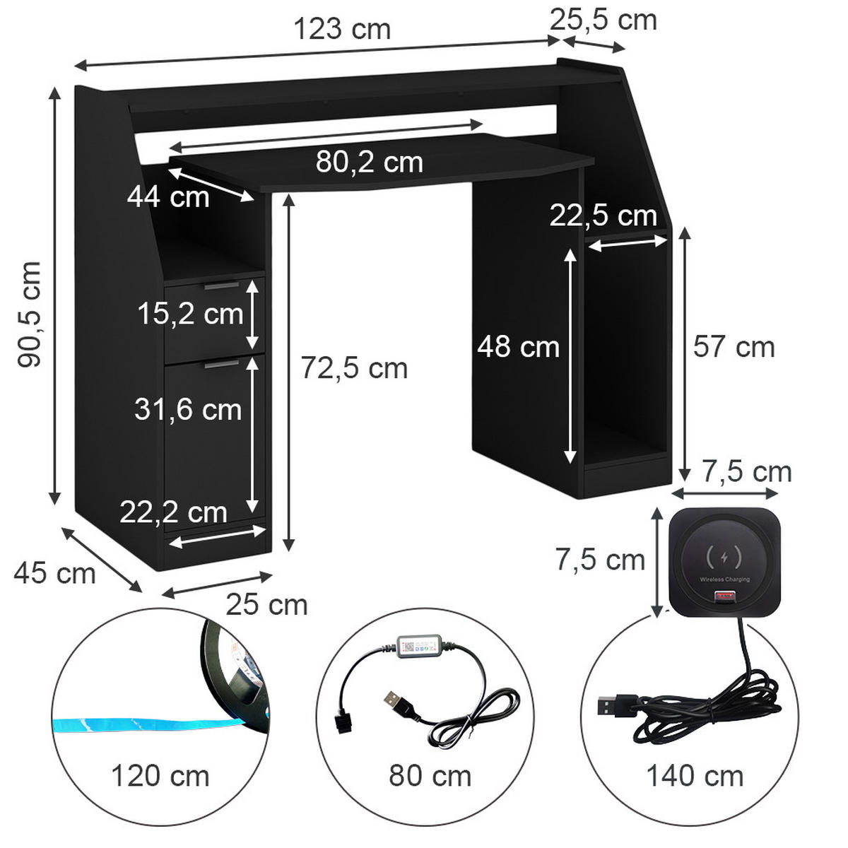 GAMING-TISCH Tails Schwarz 123 x 45 cm mit LED & QI - Schwarz, Holzwerkstoff (45/123/90.5cm) - Vicco