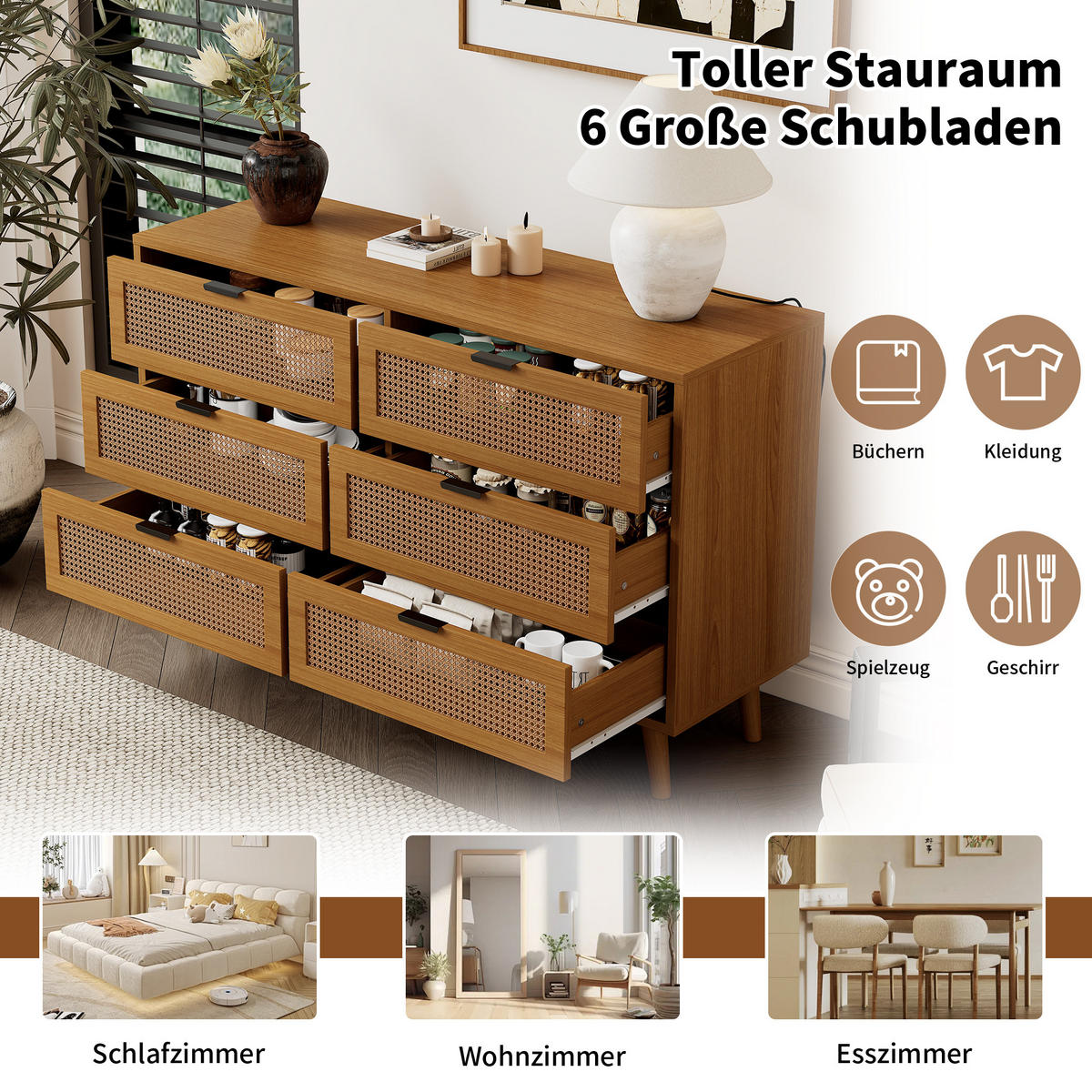 SIDEBOARD in Nussbaumfarben Kommode mit 6 Schubladen und Metallgriffe für Wohnzimmer, B120/T40/H76.5cm - Nussbaumfarben, Holzwerkstoff/Metall (120/76.5/40cm) - STILVORA