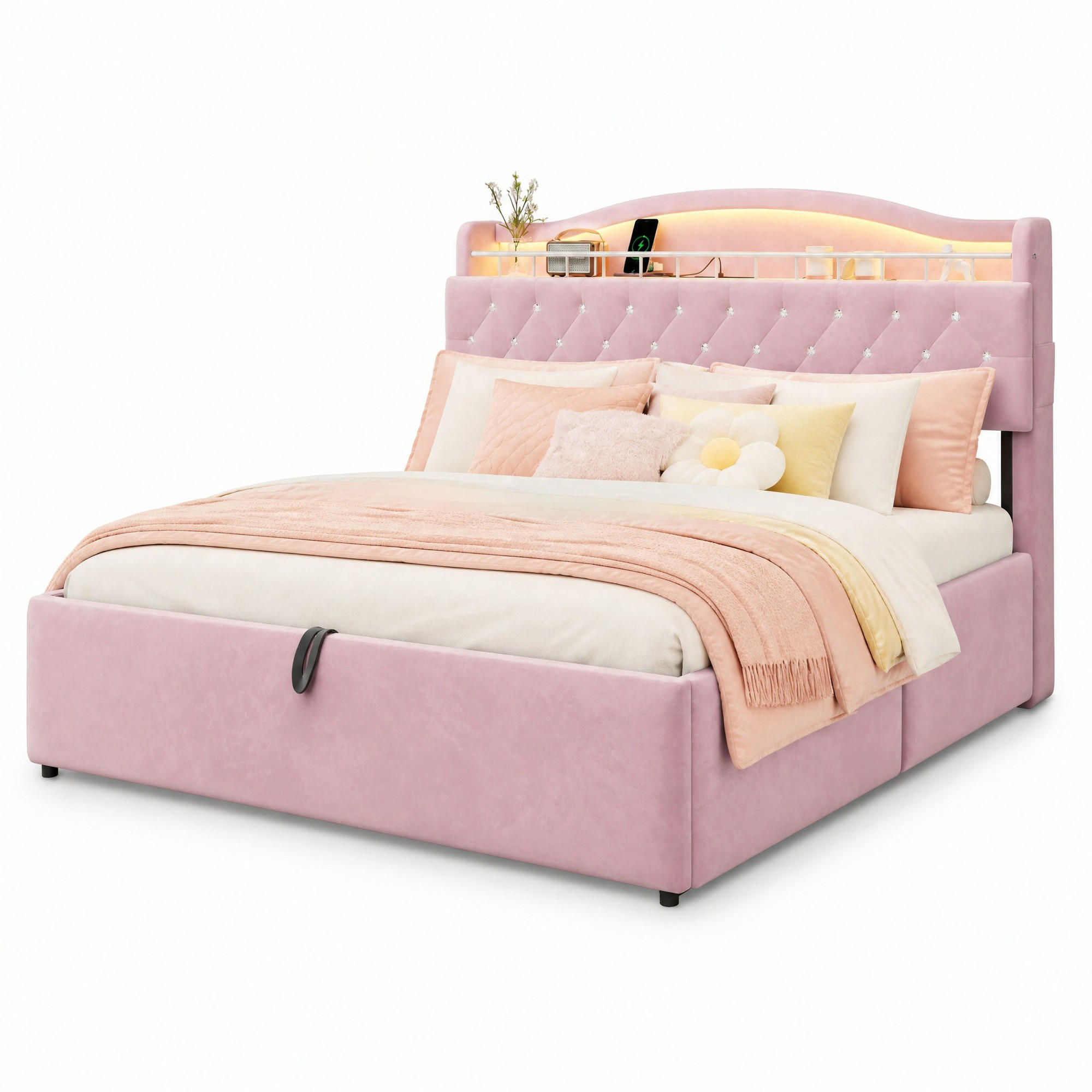 POLSTERBETT 180/200 cm aus Samt und Metall mit Stauraum Rosa - Pink, Textil (180/200cm) - OKMYHOME