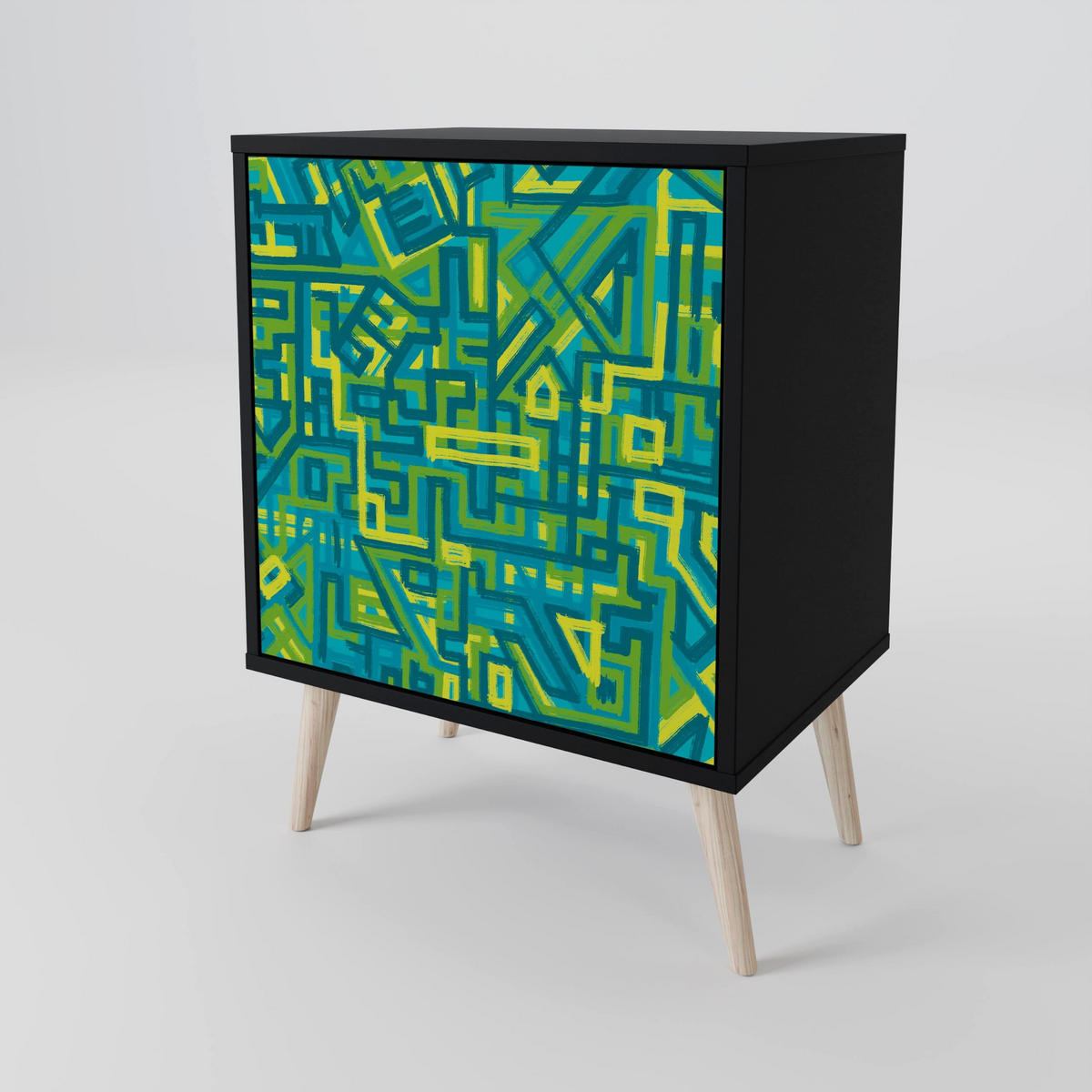 SIDEBOARD NOSTALGIC MEMORIES, Schwarz, 57,5x42x70,5 cm, Schwarze Metall-Sternfüße - Multicolor/Schwarz, Holzwerkstoff/Metall (57.5/70.5/42cm) - SpaceRebels
