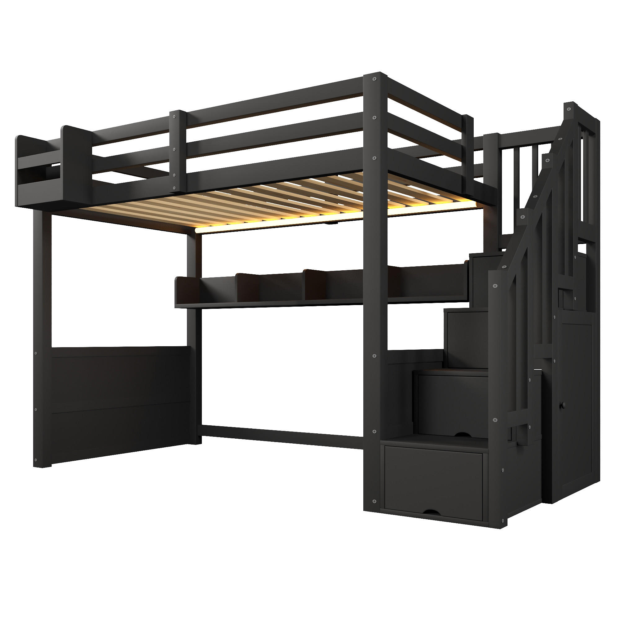 HOCHBETT 90/200 cm in Schwarz mit Stauraum, LED und Treppe - Schwarz, Metall (90/200cm) - STILVORA