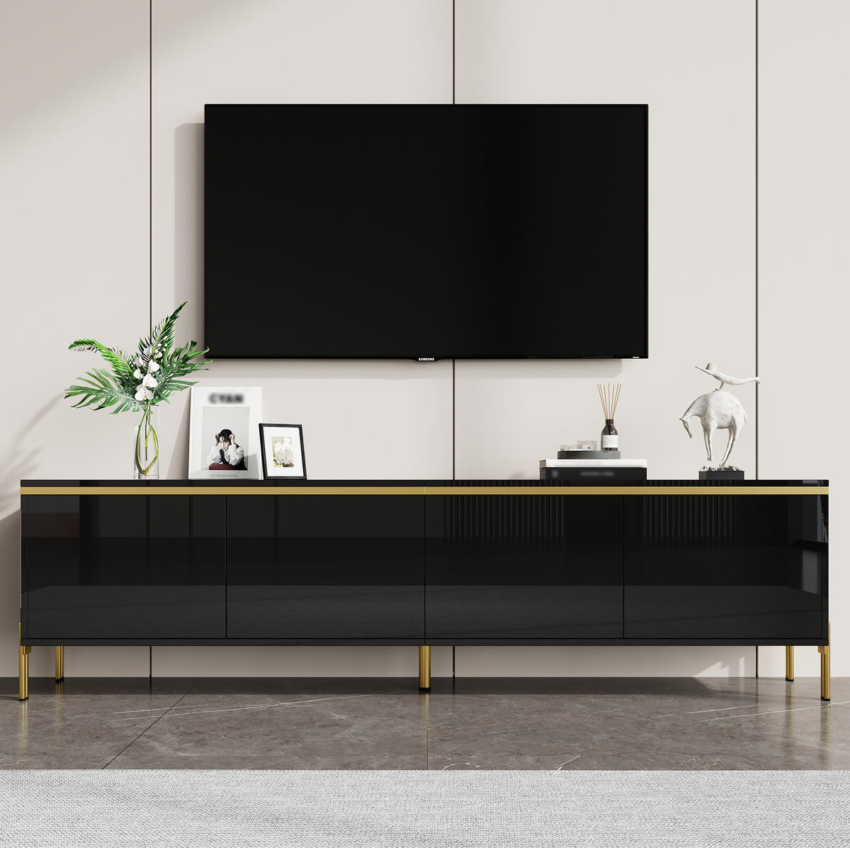 TV-LOWBOARD aus Holzwerkstoff 170x38x50 cm Schwarz mit 4 Türen, Kabeldurchführung und Hochglanzoberfläche - Schwarz, Holzwerkstoff (170/50/38cm) - Modfu