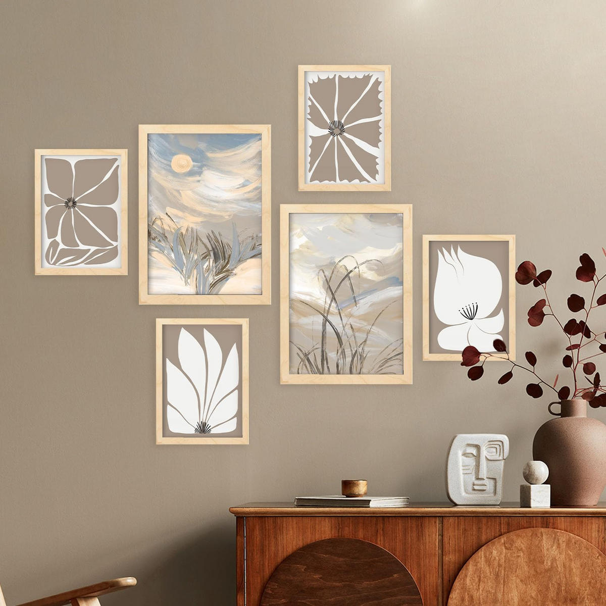 POSTER Set Mit 6 Latente Natur In Kulissen Abstracts Ästhetische Dekorative Gemälde Für Ihr Wohnzimmer Zuhause A3 & A4 Rahmen Aus Hellem Holz - Beige, Papier (29/3cm) - Nacnic