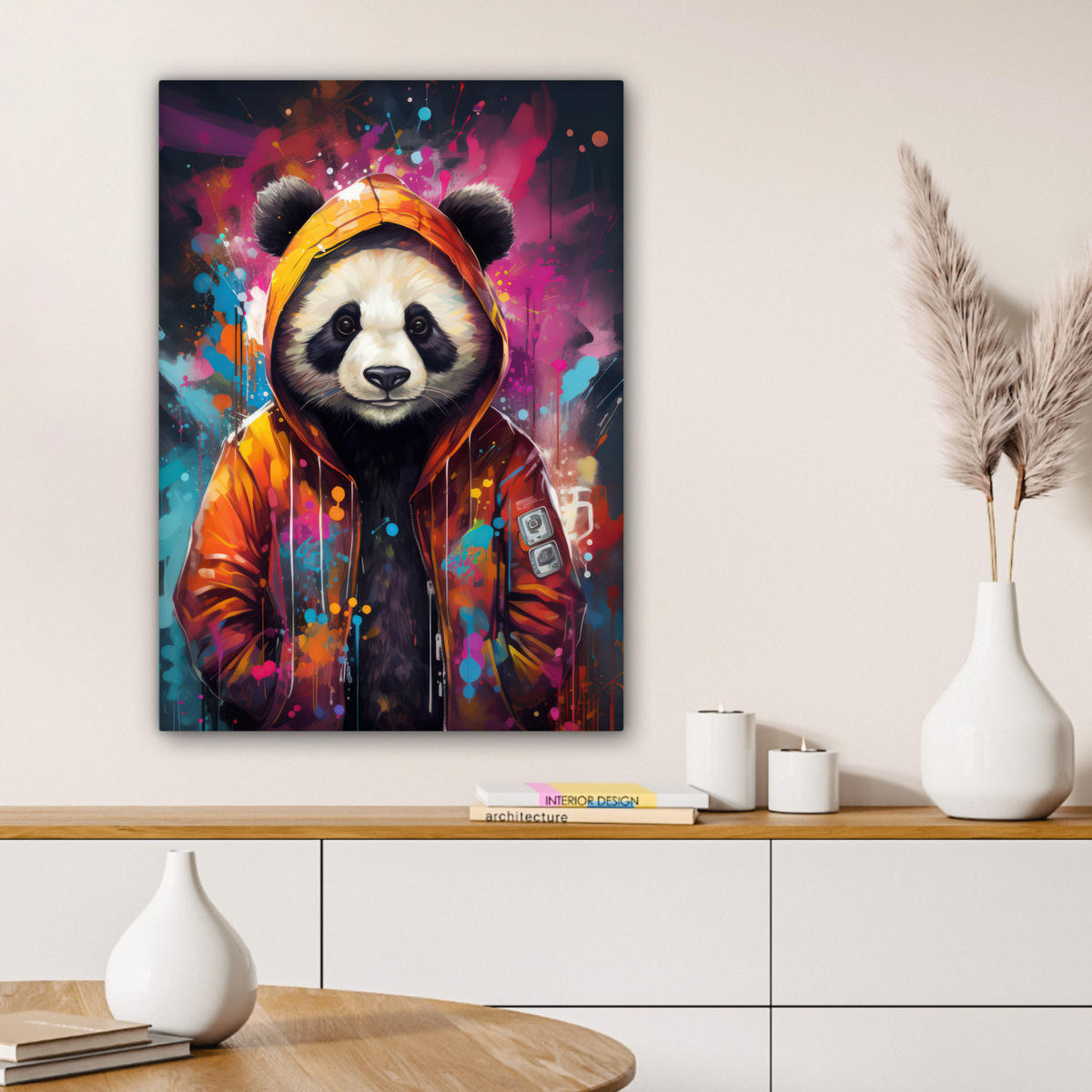 LEINWANDBILD Panda - Jacke - Graffiti - Orange 60x80 cm - Orange, Textil (60/80cm) - MuchoWow