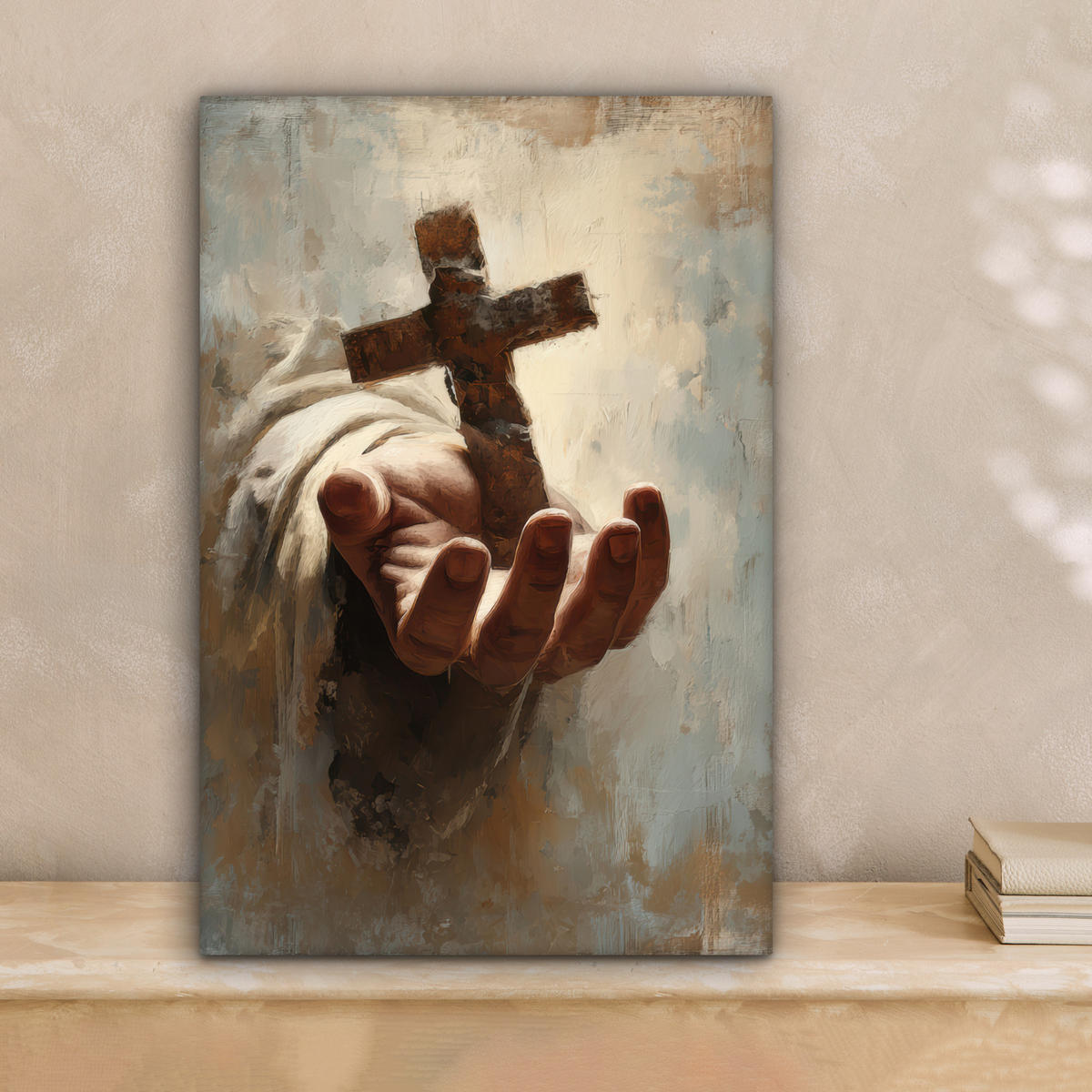 LEINWANDBILD Abstrakt - Kreuz - Hand - Christentum Deko Wohnzimmer 20x30 cm - Hellbraun, Textil (20/30cm) - MuchoWow