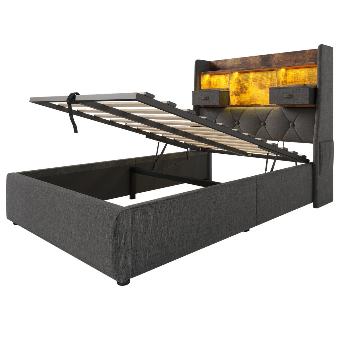 POLSTERBETT 90/200 cm Grau mit Stauraum und LED, USB- und Type-C-Anschlüssen - Grau, Textil (90/200cm) - Flora Grace