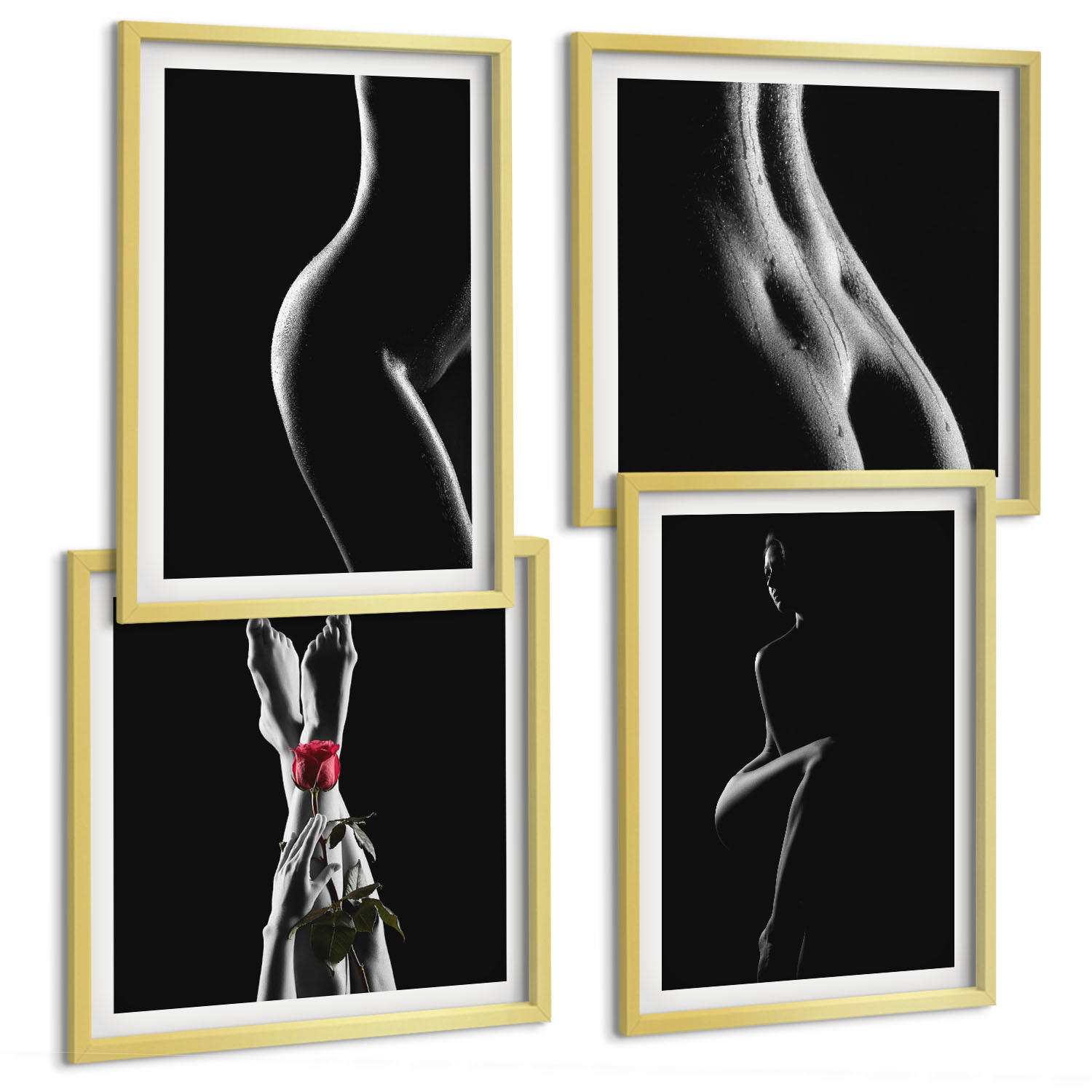 BILDER SET 4er Set - 50x50 cm & 40x60 cm Goldrahmen - Schwarze und weiße weibliche Formen - Goldfarben, Kunststoff (50/50cm) - TULUP