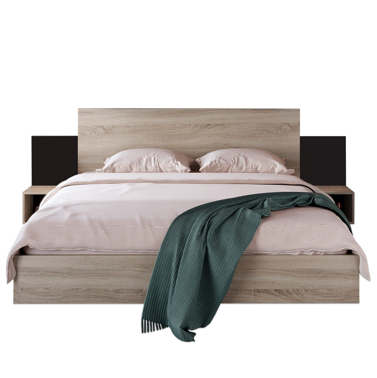DOPPELBETT 160/200 cm mit 2 Nachtkommoden in Sonoma-Eiche/Dunkelgrau - Dunkelgrau, Holz (160/200cm) - BEAOK