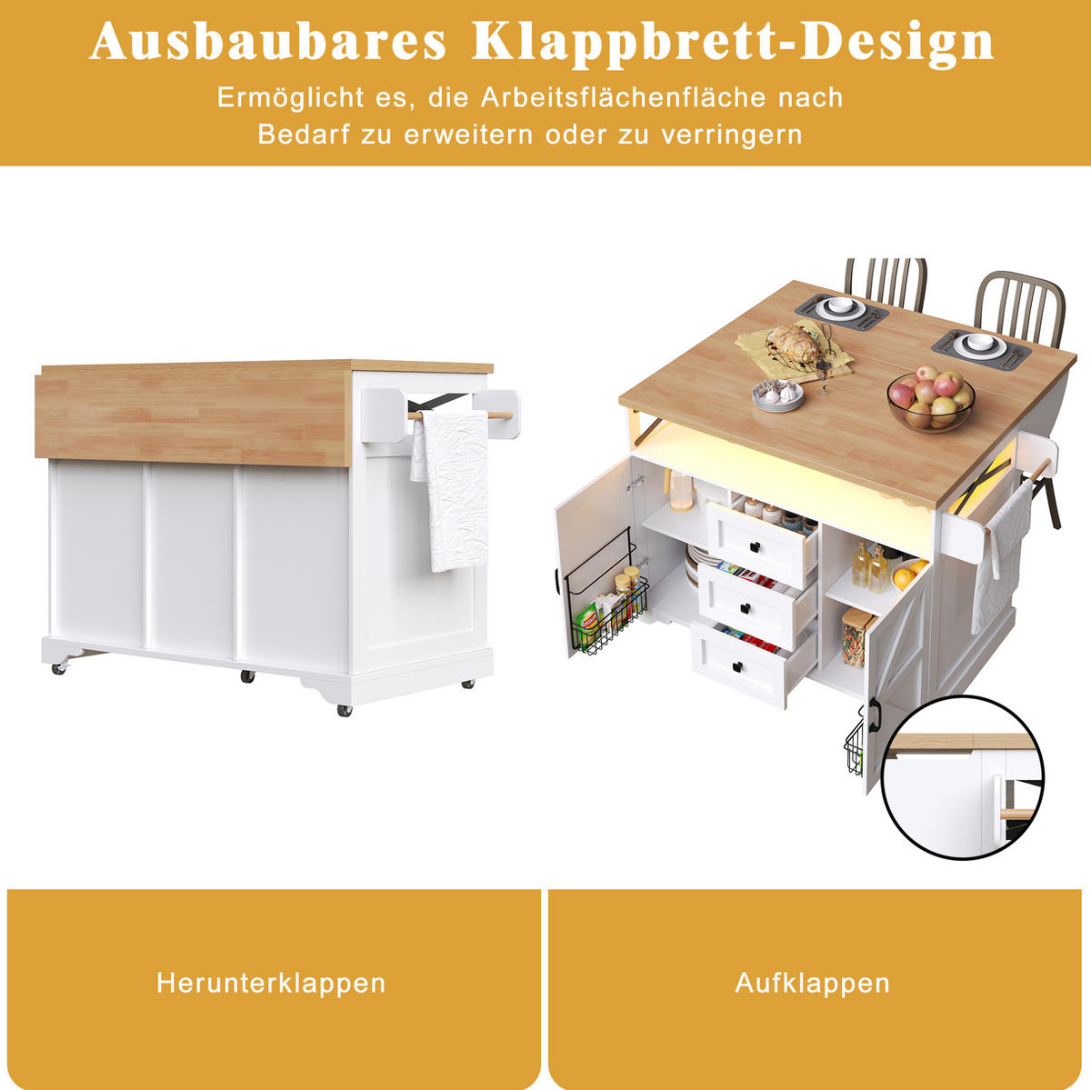 KÜCHENINSEL 120/43/98 cm weiß aus MDF mit klappbarer Platte - Weiß, Holzwerkstoff (120/98/43cm) - OKWISH