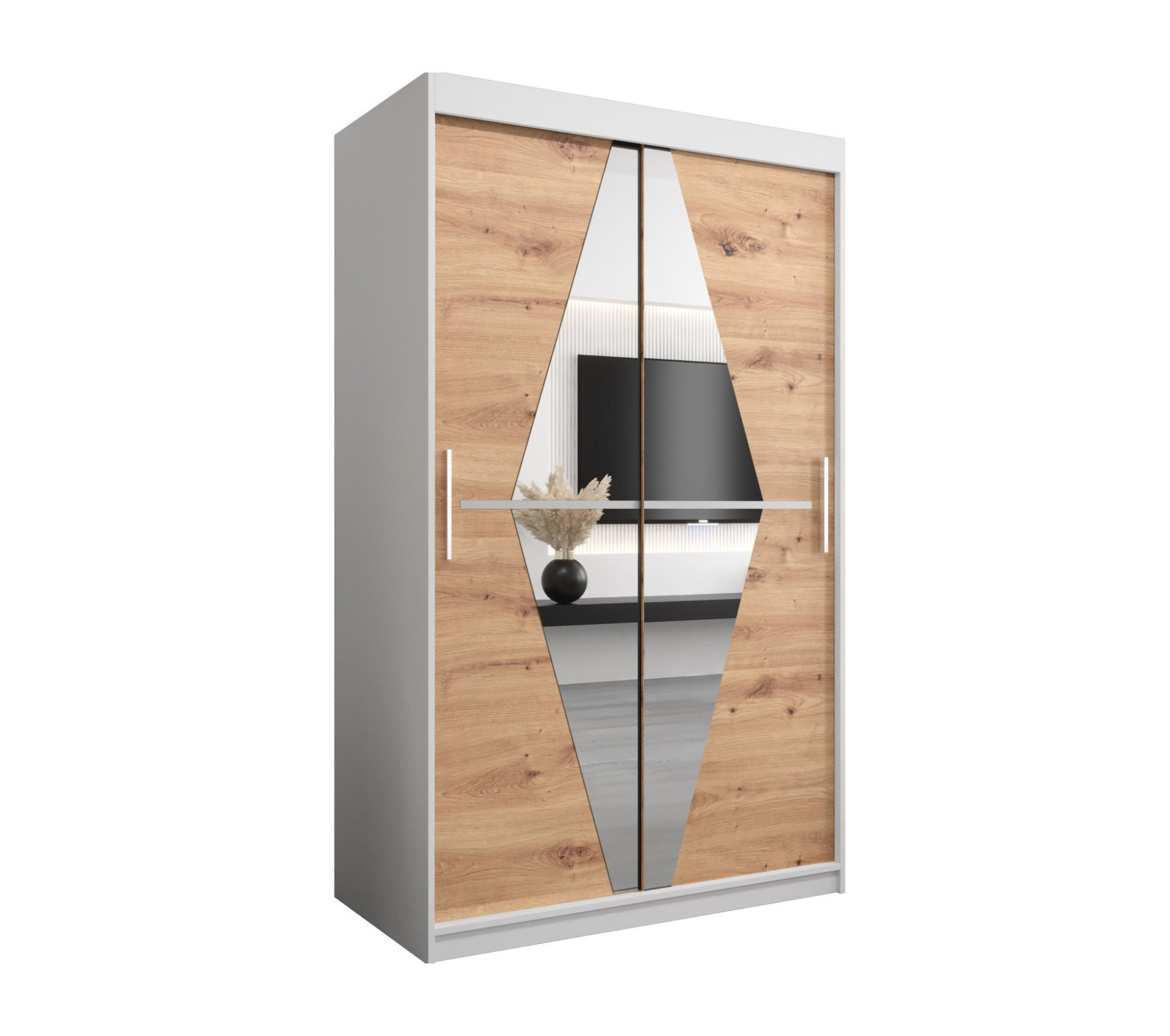 Abiks Möbel Schwebetürenschrank Weiß, Eiche Artisan 120x200x62 cm