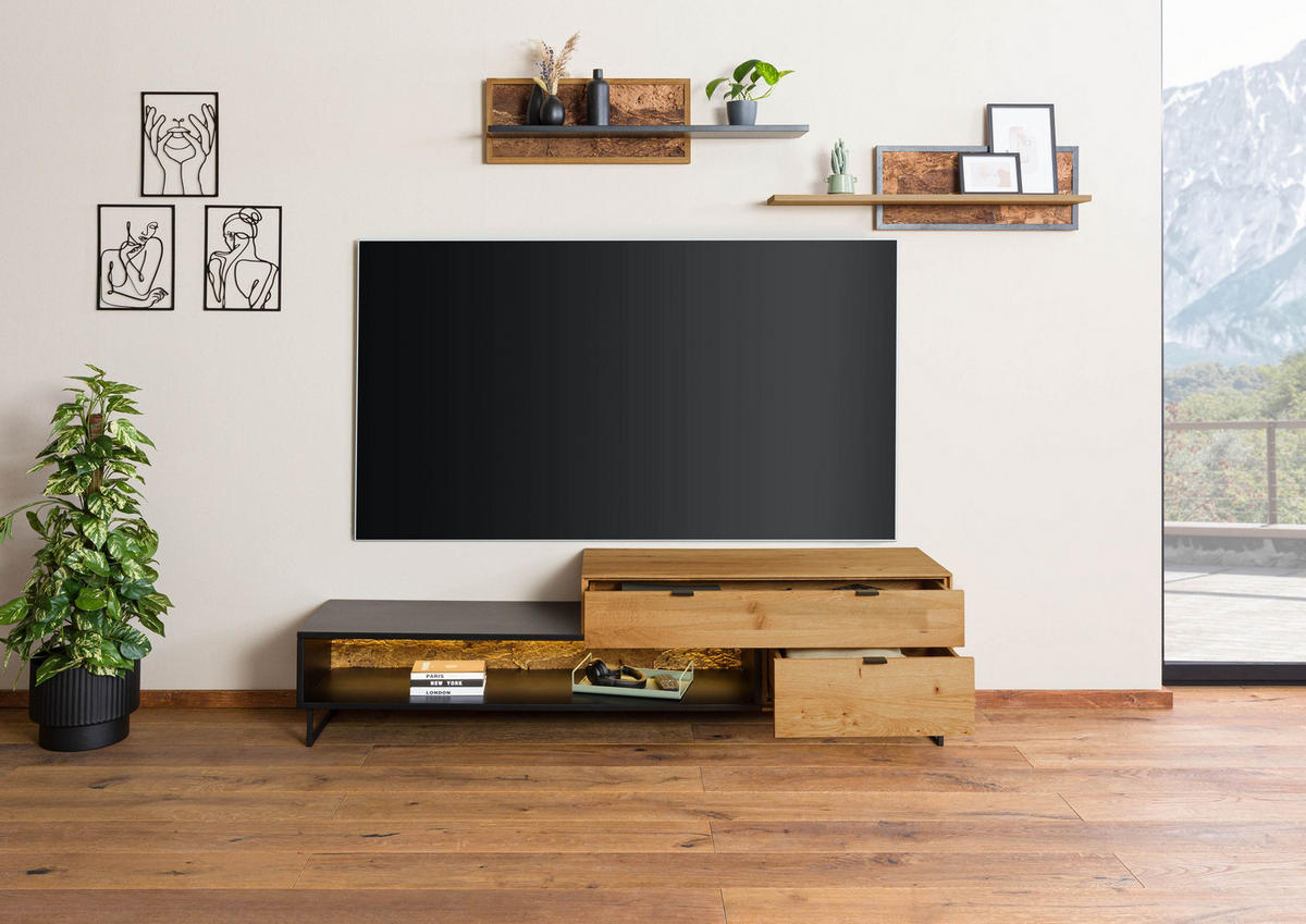 LOWBOARD Wildeiche 200x43x52 natur geölt LINDAU #27 - Naturfarben, Holz (200/52/43cm) - Massivmoebel24