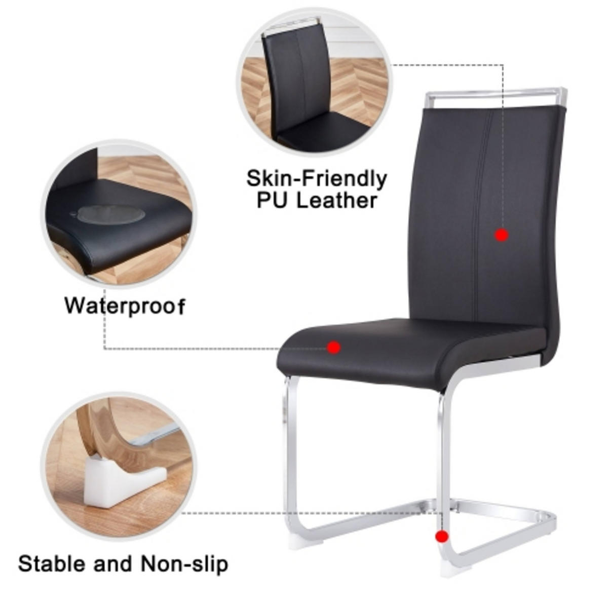 FREISCHWINGER 4er Set Kunstleder Schwarz Metallgestell 120kg - Schwarz, Leder (42/100/54cm) - FLIEKS