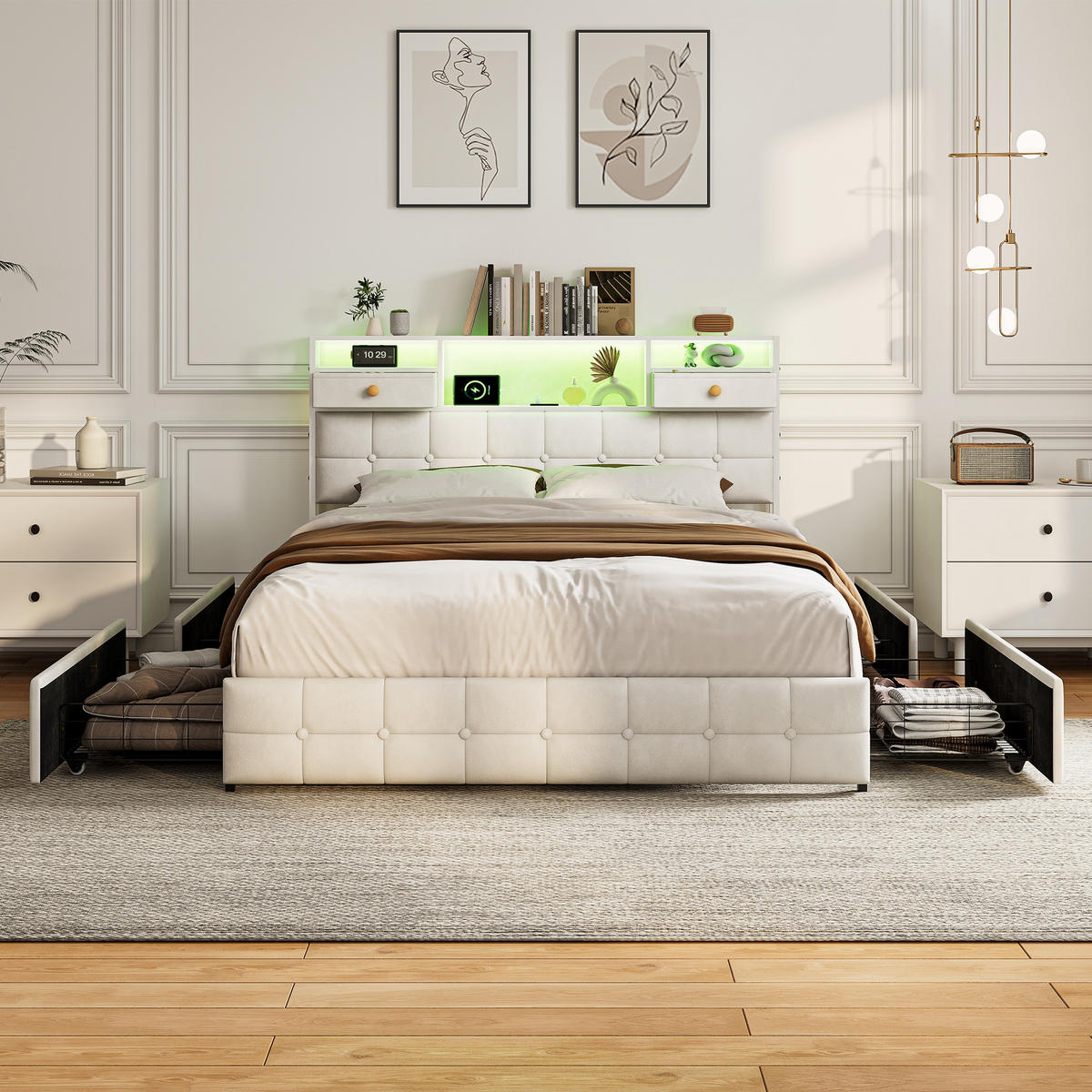 STAURAUMBETT 140/200 cm aus Samt, mit 4 seitlichen Schubladen + 2 Kopfteil-Schubladen, LED und USB-Anschluss, Beige - Beige, Holzwerkstoff (140/200cm) - Brevoria