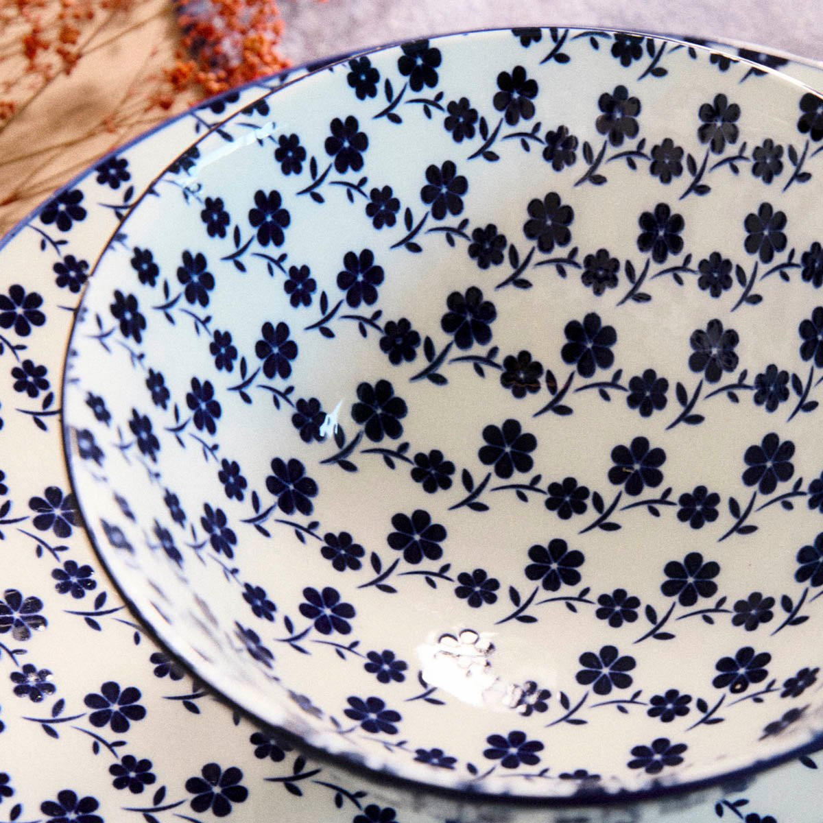 SCHALENSET Navia dunkelblau geblümt 15 cm 6er-Set - Dunkelblau, Keramik (15cm) - Homla