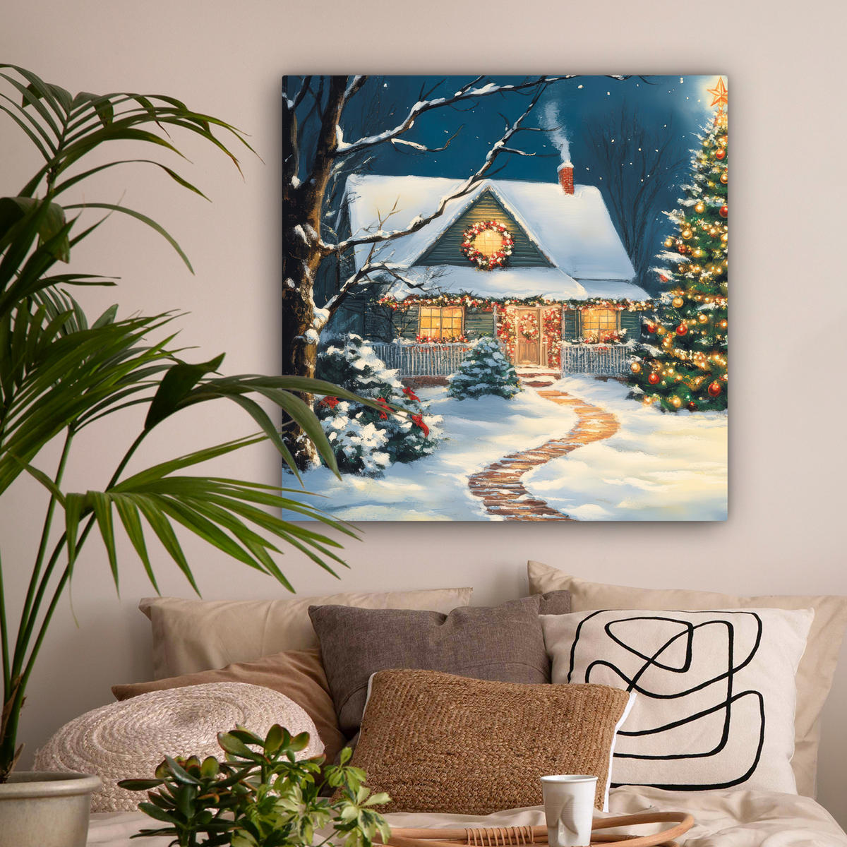 LEINWANDBILD Weihnachten - Weihnachtsbaum - Winter - Zuhause - Schnee 90x90 cm - Smaragdgrün, Textil (90/90cm) - MuchoWow