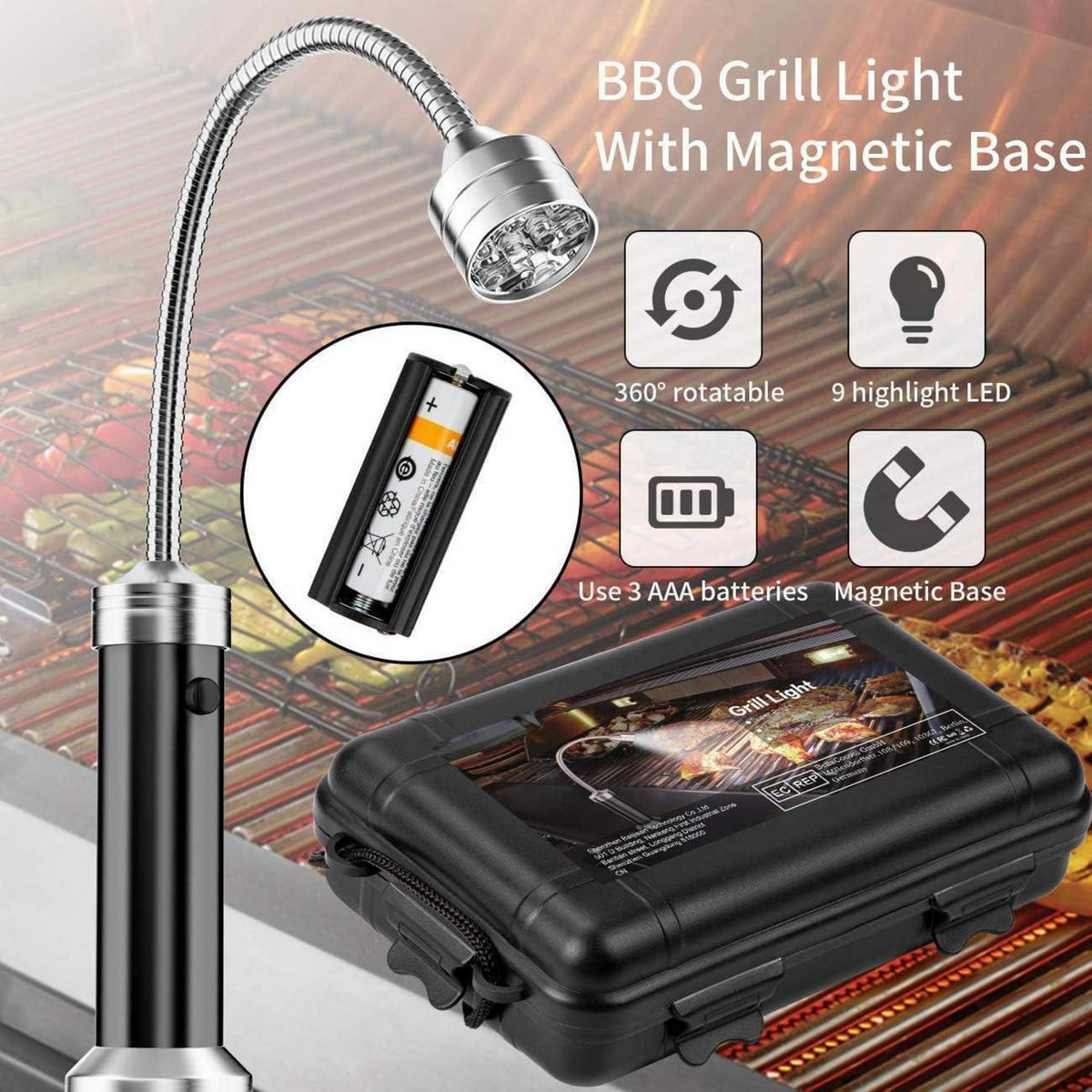 GRILLLICHT 2-teiliges Set mit Magnetfuß und flexiblem Schwanenhals - Schwarz, Metall (2/11/11cm)