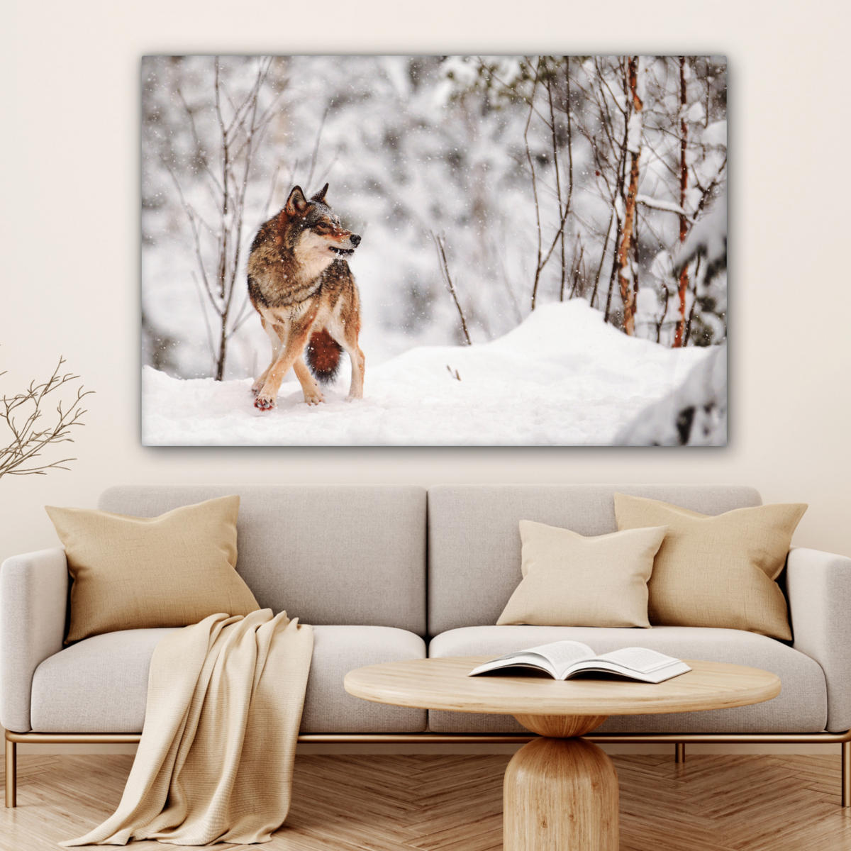 LEINWANDBILD Wolf - Winter - Schnee - Natur - Tiere Wohnzimmer Groß 120x80 cm - Haselnussfarben, Textil (120/80cm) - MuchoWow