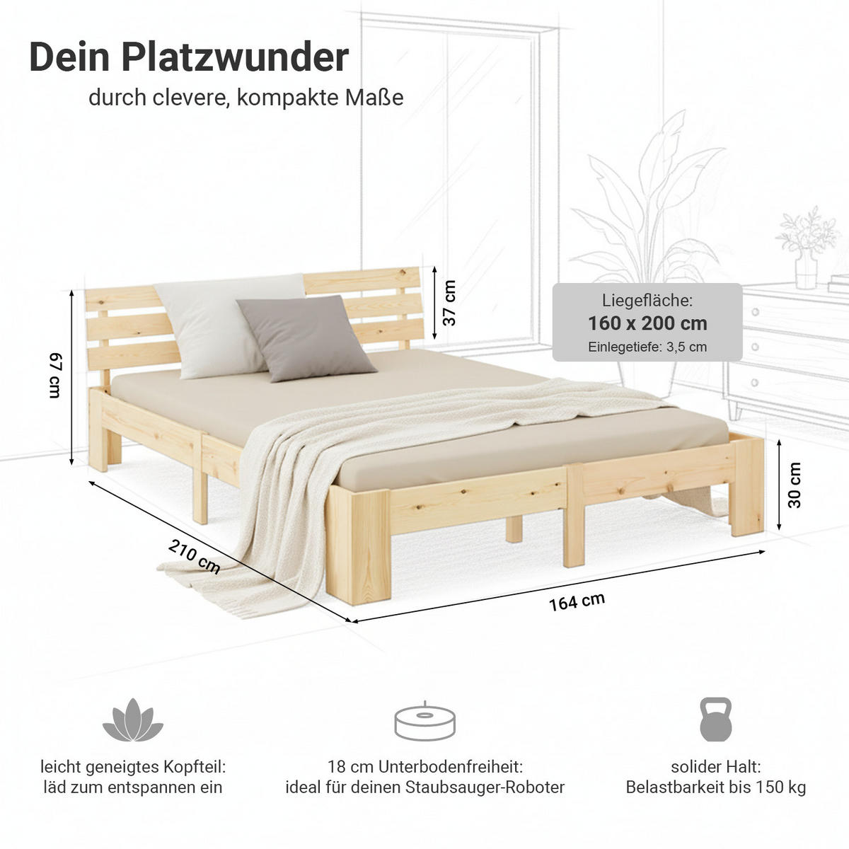 HOLZBETT Natur 160/200 cm Doppelbett mit Lattenrost - Naturfarben, Holz (160/200cm) - Homestyle4u