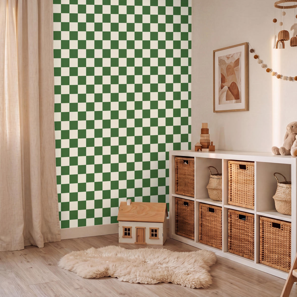 KINDERTAPETE - Schachbrett - Muster - Grün - 160x220 cm - Grün, Papier (160/220cm) - OnlyWow