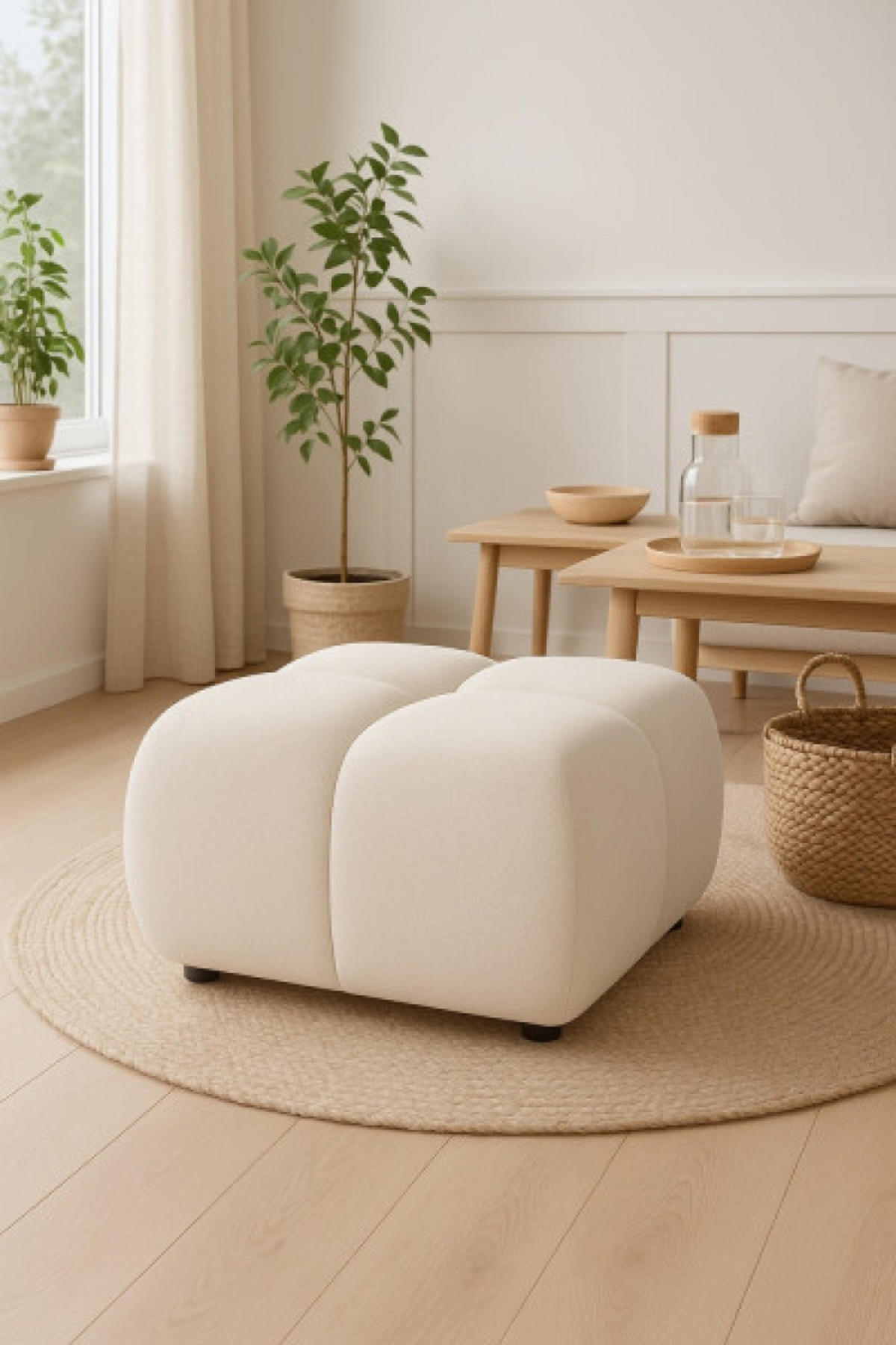 POUF Creme Mila Mit Steppungen Auf Schwarzen Niedrigen Beinen - Weiß, Textil (72/43.5/72cm) - Sepro Meble