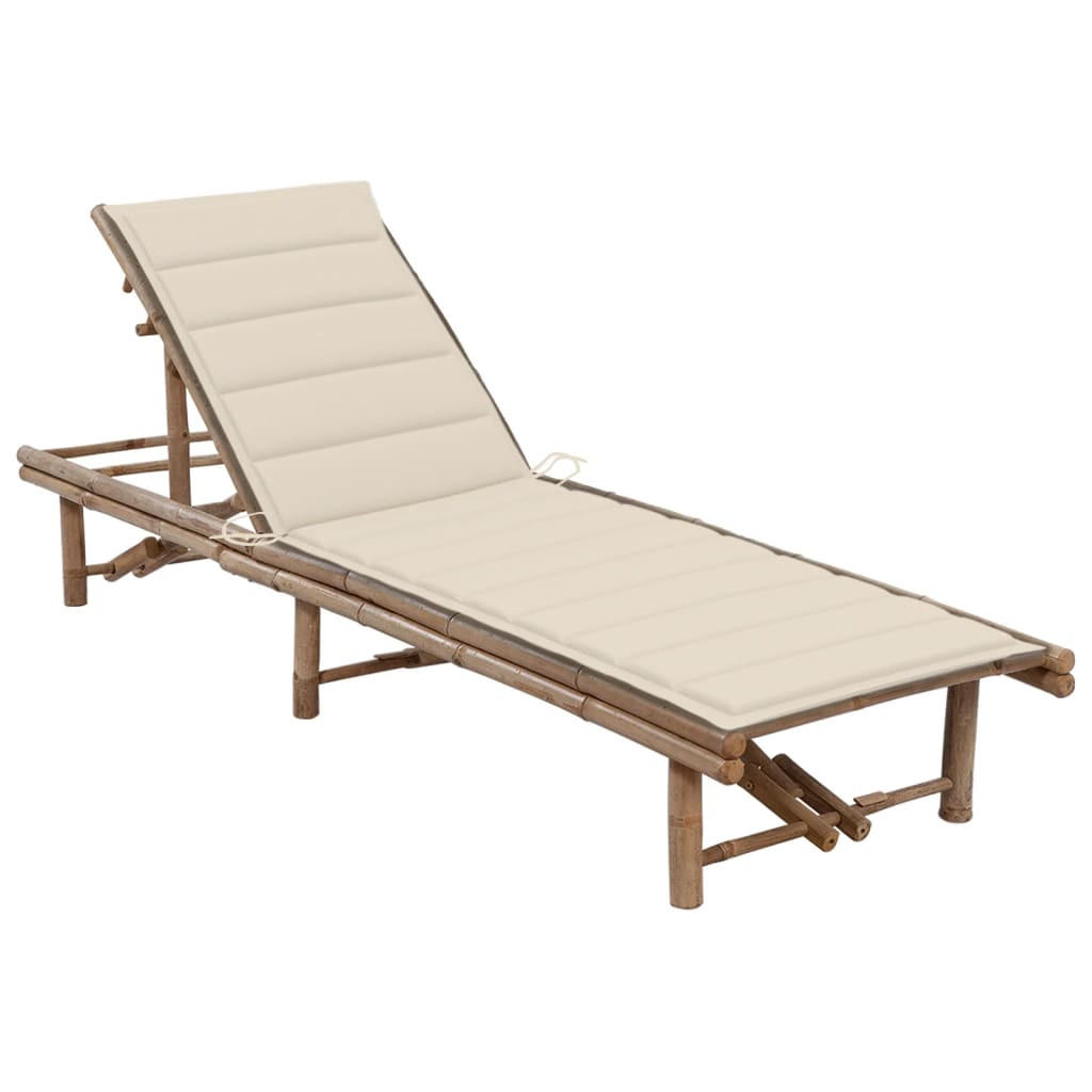 GARTEN-SONNENLIEGE mit Auflage Bambus - Creme, Holz (65/87/200cm) - furnicato