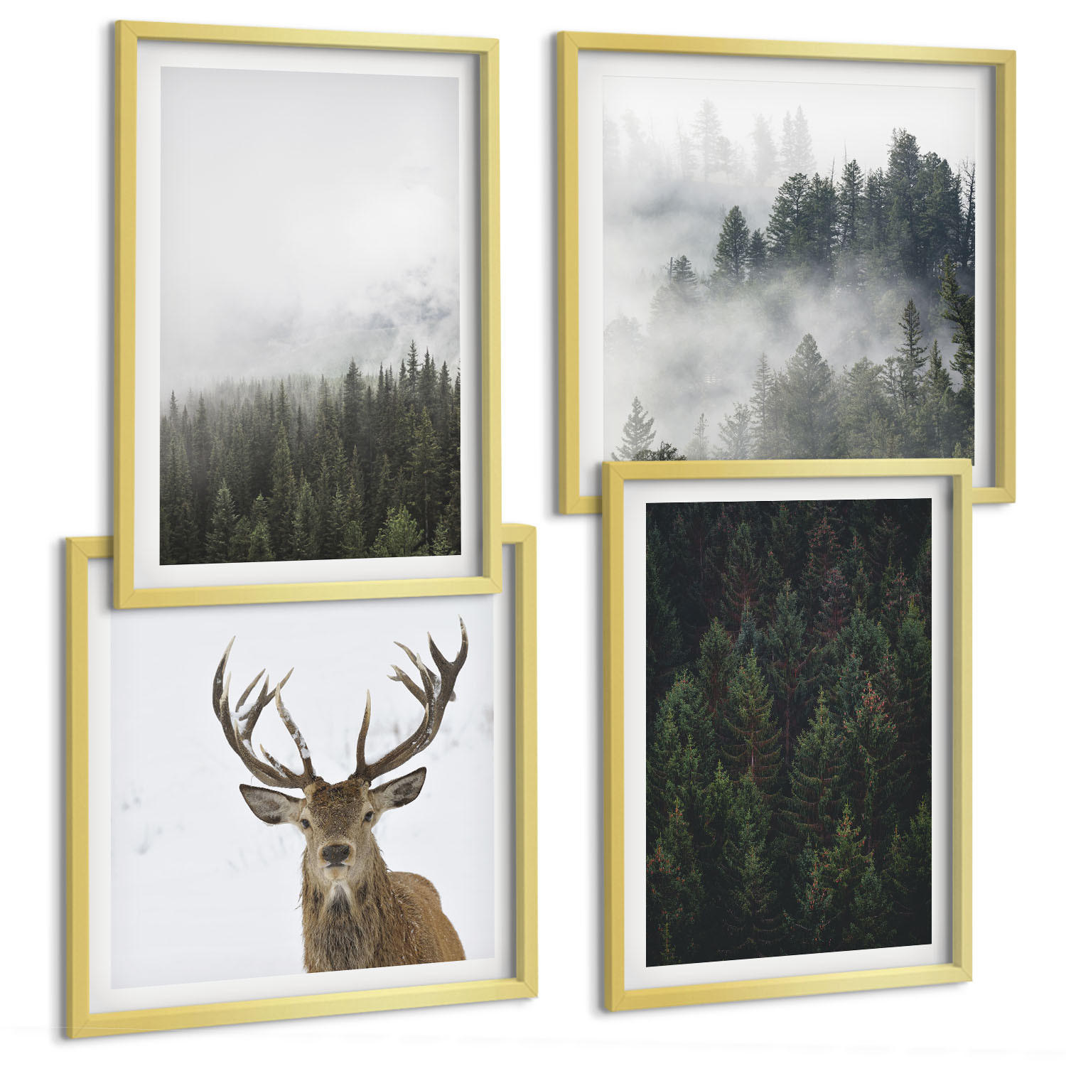 BILDER SET 4er Set - 50x50 cm & 40x60 cm Goldrahmen - Grüne Wälder, neblige Landschaft - Goldfarben, Kunststoff (50/50cm) - TULUP