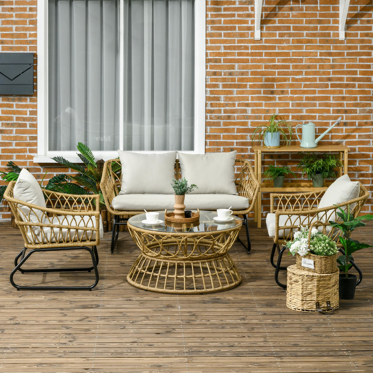GARTENLOUNGE-SET Beige Kunststoffgeflecht 4-teilig mit Kissen und Tisch - Sandfarben, Holzwerkstoff - PANGIVO