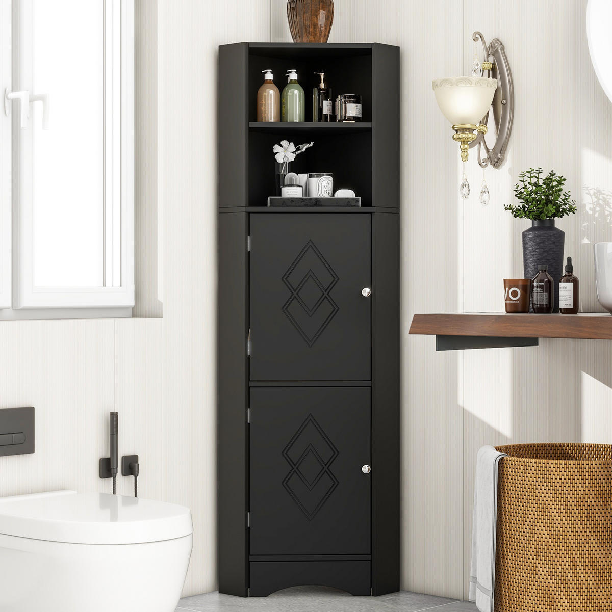 BADSCHRANK Eckschrank mit Ablagefächern 36,5 x 36,5 x 155 cm Schwarz - Schwarz, Holzwerkstoff (36.5/155/36.5cm) - Beauniv
