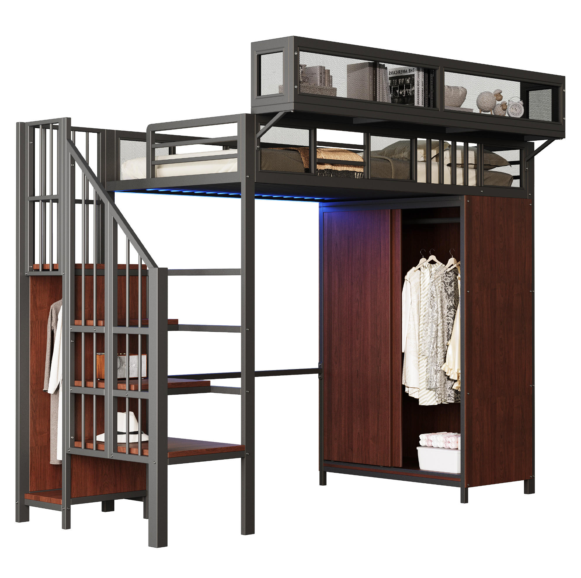 HOCHBETT 90/200 cm aus Metall/Holz mit Kleiderschrank, Stauraumleiter und LED-Beleuchtung Schwarz - Schwarz, Metall (90/200cm) - Modenvie