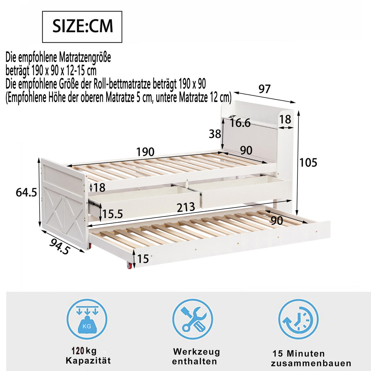 KINDERBETT 90/190 cm DE-01167, in Grau, mit Ausziehbett und 2 Schubladen - Weiß, Holz (90/190cm) - ComfortXL