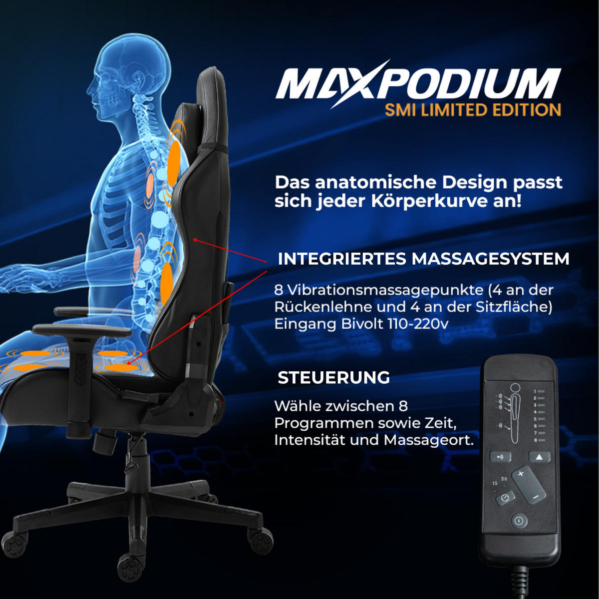 GAMING-STUHL Tactical SMI mit Massagefunktion Schwarz - Schwarz, Metall (55/137/55cm) - MaxPodium