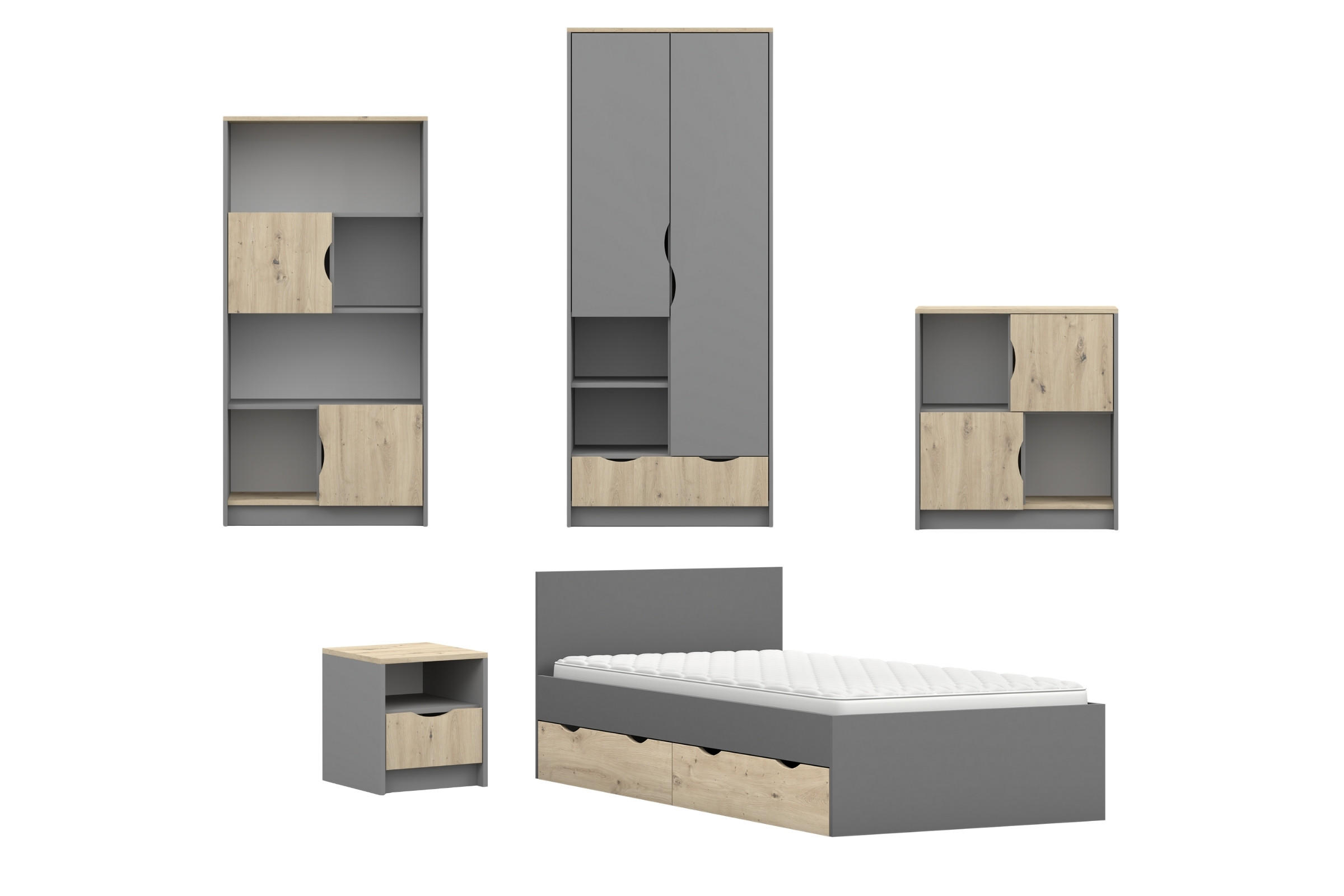 JUGENDZIMMER-SET JUMI B 5-teilig in Grau/Eiche Artisan - Eiche Artisan/Grau, Holzwerkstoff (374/193/205cm) - Deine Möbel 24