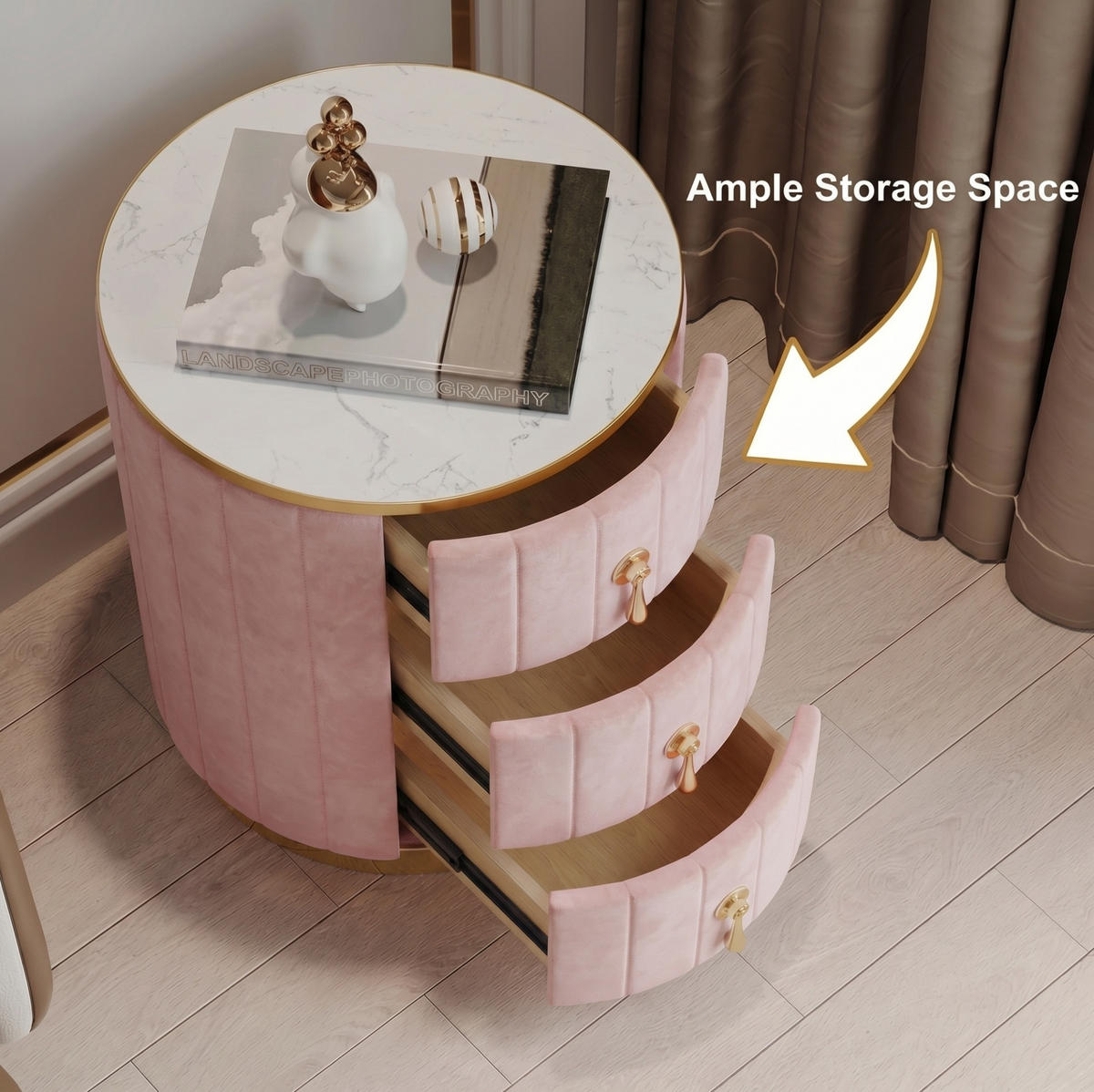 NACHTTISCH 40/52,5/40 cm Rose aus MDF, Metall und Samt mit 3 Schubladen - Rosa, Holzwerkstoff (40/52.5/40cm) - OKMYHOME
