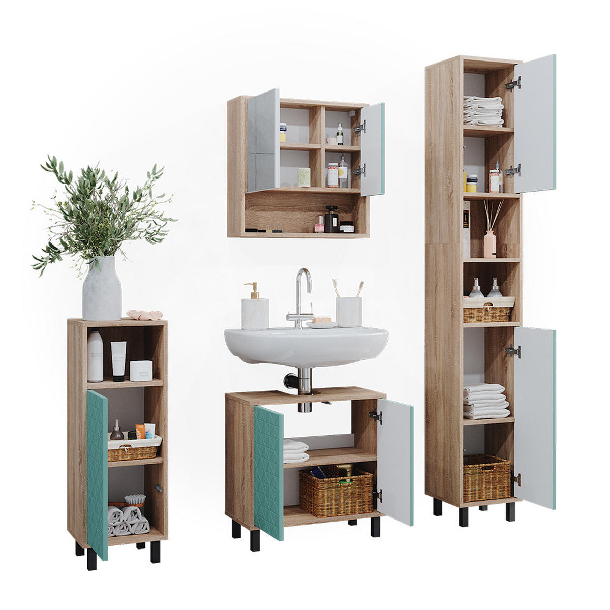 BADMÖBEL-SET Agasta Mintgrün 4 Teile, mit Hochschrank und Kommode - Mintgrün/Sonoma Eiche, Holzwerkstoff (56/57/28cm) - Vicco