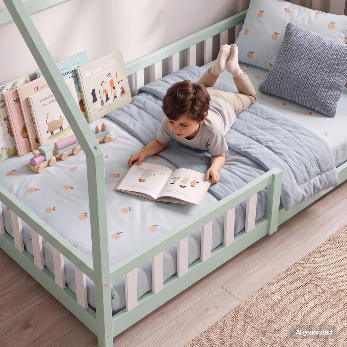 HAUSBETT Hesel - Weiß/Mintgrün, Holz (90/200cm) - [en.casa]