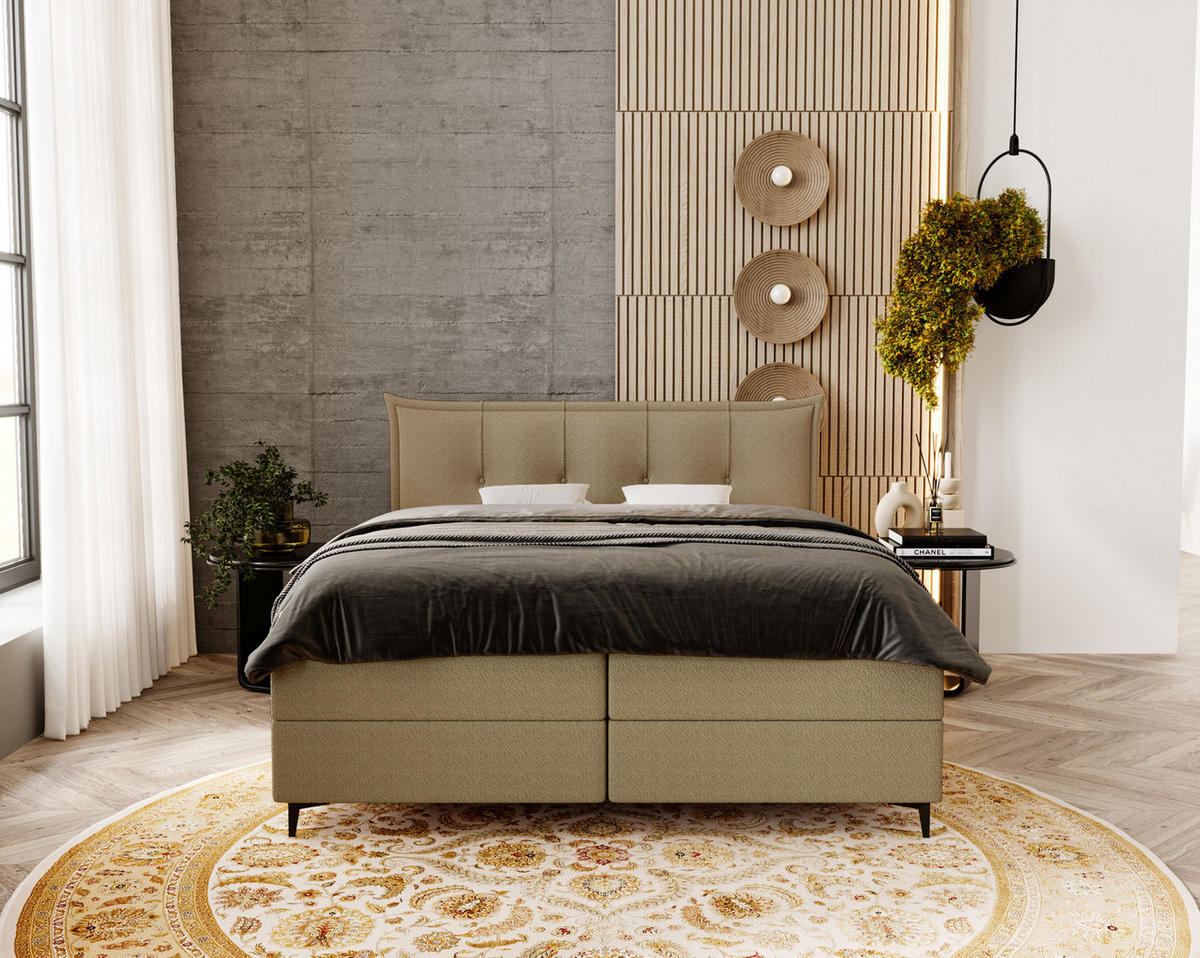 BOXSPRINGBETT Boucle 160x200 Liron mit Kissen-Kopfteil und Matratze, Beige - Orange, Holz/Textil (160/200cm) - Emporius