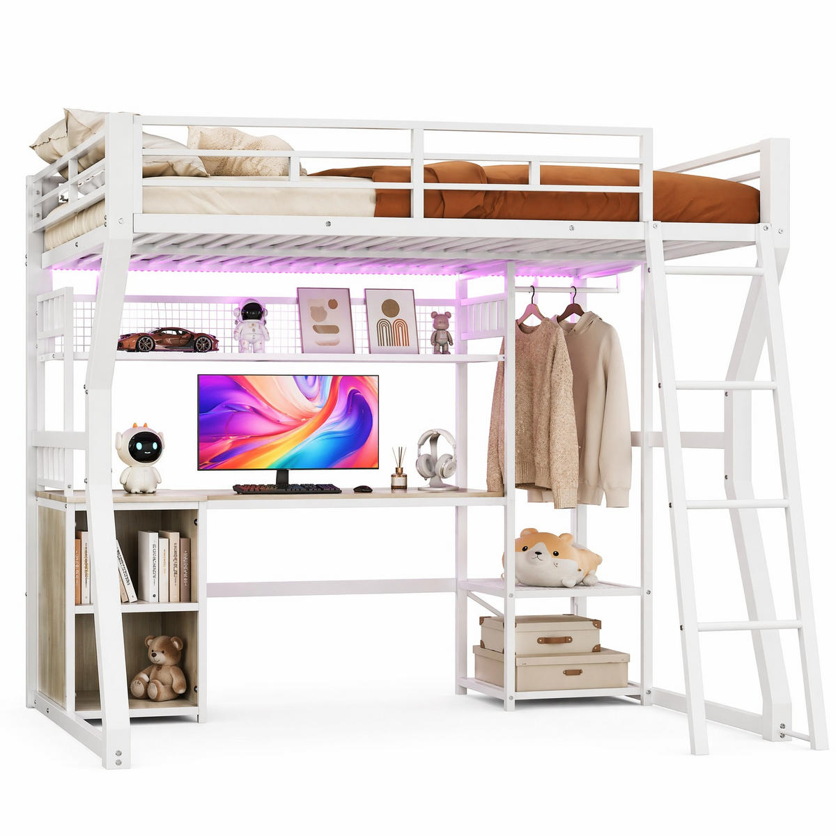 HOCHBETT 140/200 cm in Weiß mit Lichtleiste, Steckdose, Schreibtisch und Staufächern - Weiß, Holzwerkstoff/Metall (140/200cm) - CHICFURN