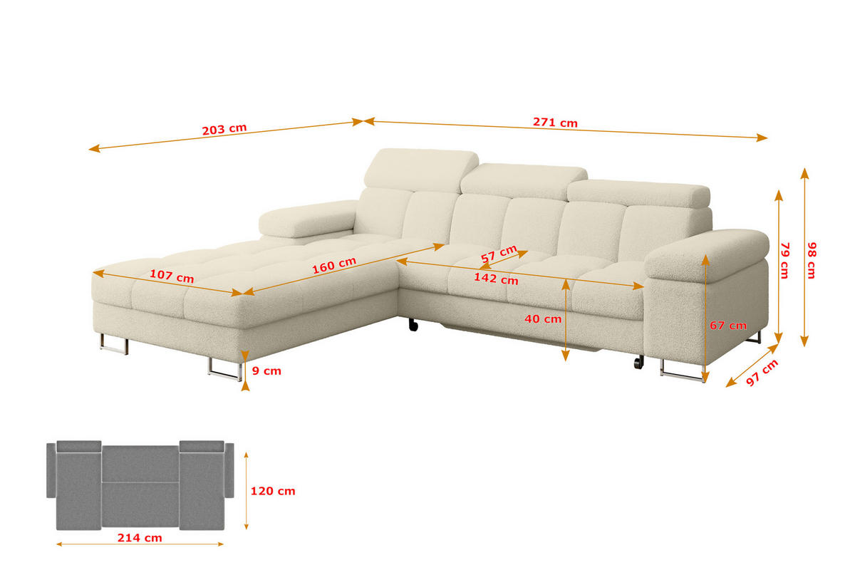 ECKSOFA mit Schlaffunktion Ottomane Links COMA L 271x203x79 Beige Bouclé - Sandfarben, Holzwerkstoff/Textil (271/203cm) - ALTDECOR