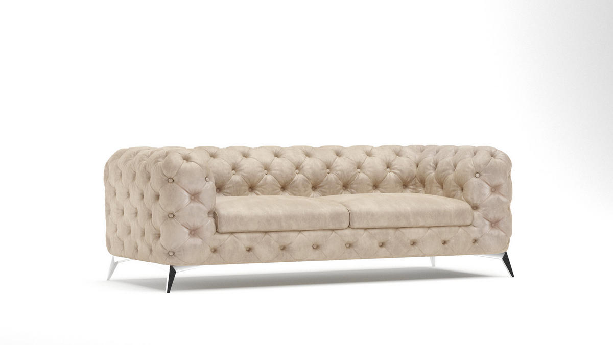 CHESTERFIELD-SOFA 3-Sitzer Quantum Beige Samt - Beige/Silberfarben, Holz/Textil (225/75/100cm) - S-Style Möbel