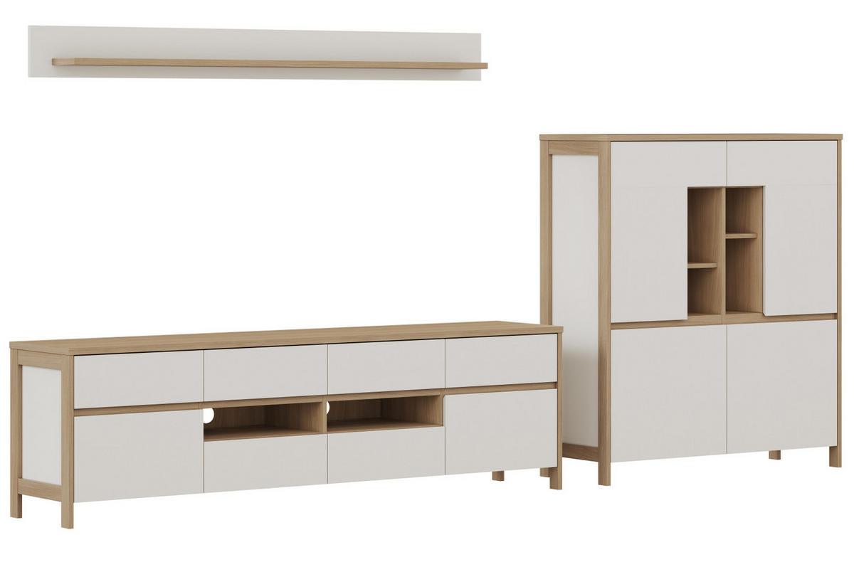 WOHNWAND weiß und Eiche Wohnkombination skandinavisch 3-teilig 319 cm, Soft-Close, Finnes - Eichefarben/Weiß, Glas/Holzwerkstoff (319/170/39cm) - Furn.Design