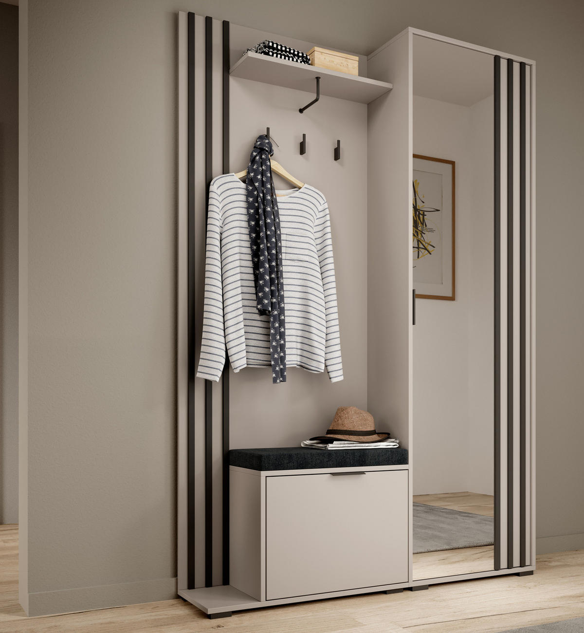 GARDEROBE STILO 131 cm (Kaschmir, Schwarze Lamellen, Spiegel, Sitzkissen, Metallgriffe) - Kaschmir/Schwarz, Holz/Holzwerkstoff (131/192/40cm) - Ravio