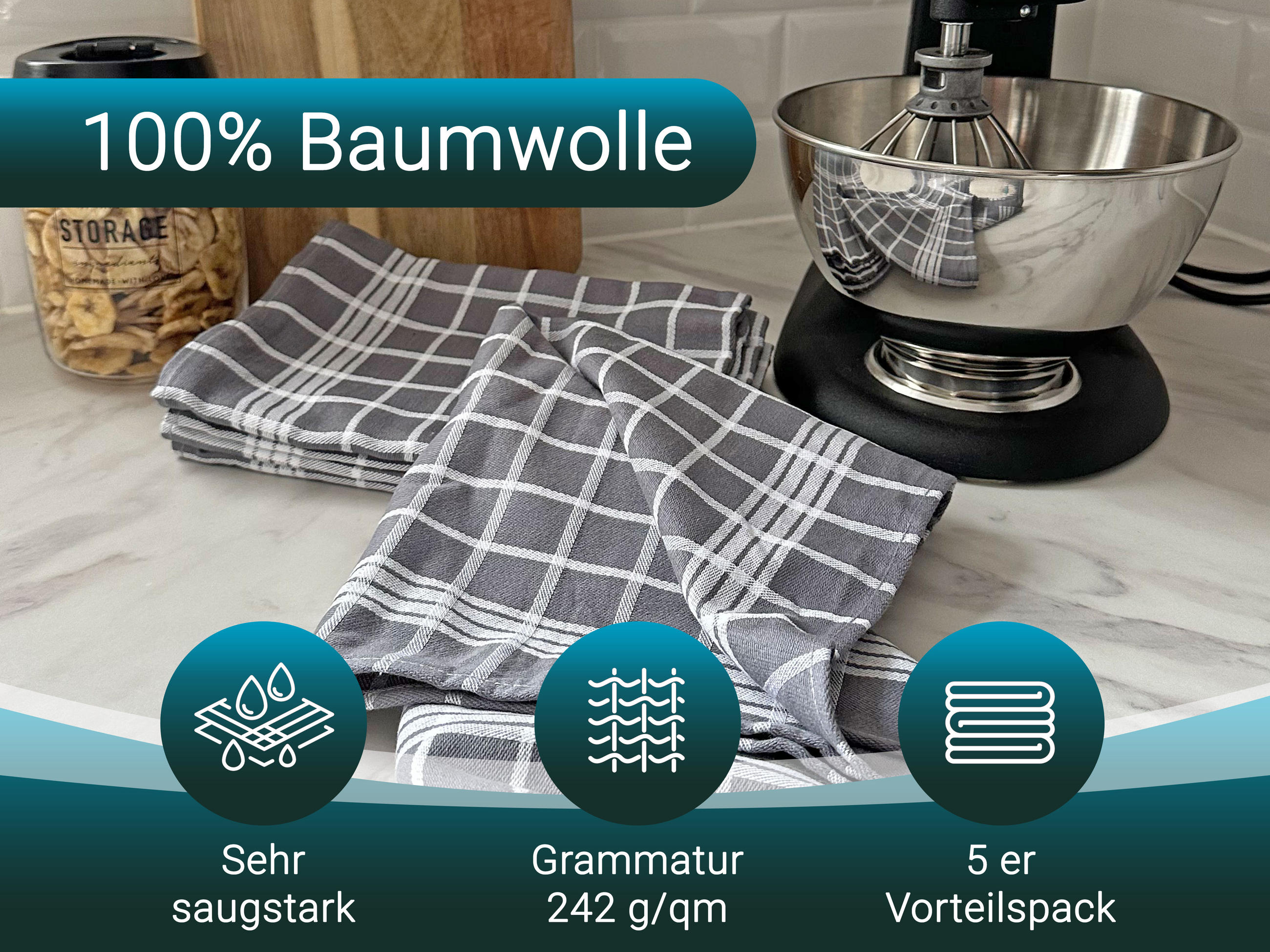 GESCHIRRTÜCHER, 5er-Set, 50x70 cm, 100% Baumwolle, Grau - Grau, Textil (50/70cm) - Zollner