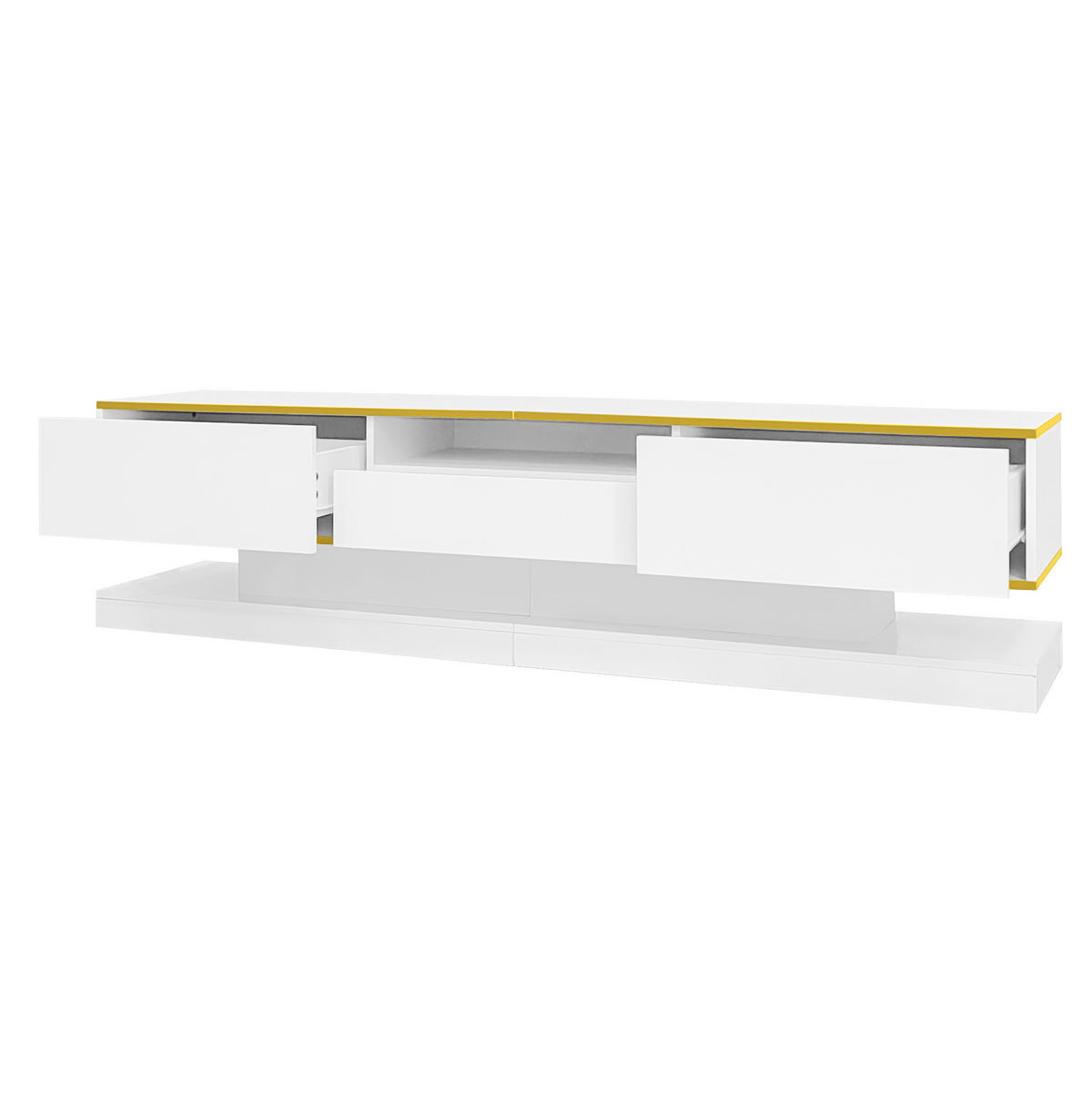TV stolek z dřevotřísky 180x38x45 cm bílý se zlatými prvky, vysokým leskem, LED osvětlením a 3 zásuvkami - bílá, kompozitní dřevo (180/45/38cm) - Modfu